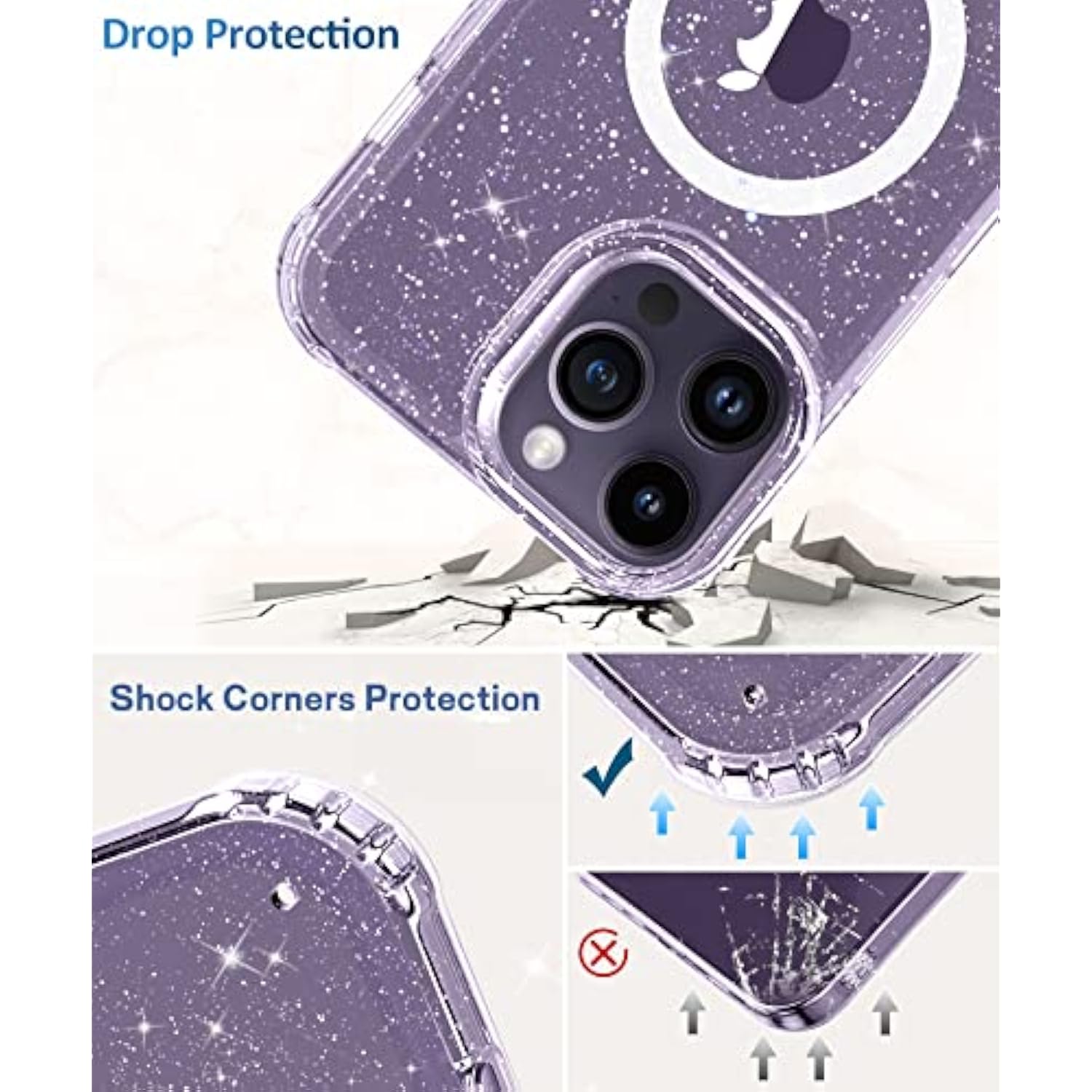 Compatible With Iphone 14 Pro With Screen Protector + Camera Protector, [Compatible With Magsafe] Clear Glitter Women Girls Phone Case, Protective Cover For 14Pro 6.1" - Magnetic Clear