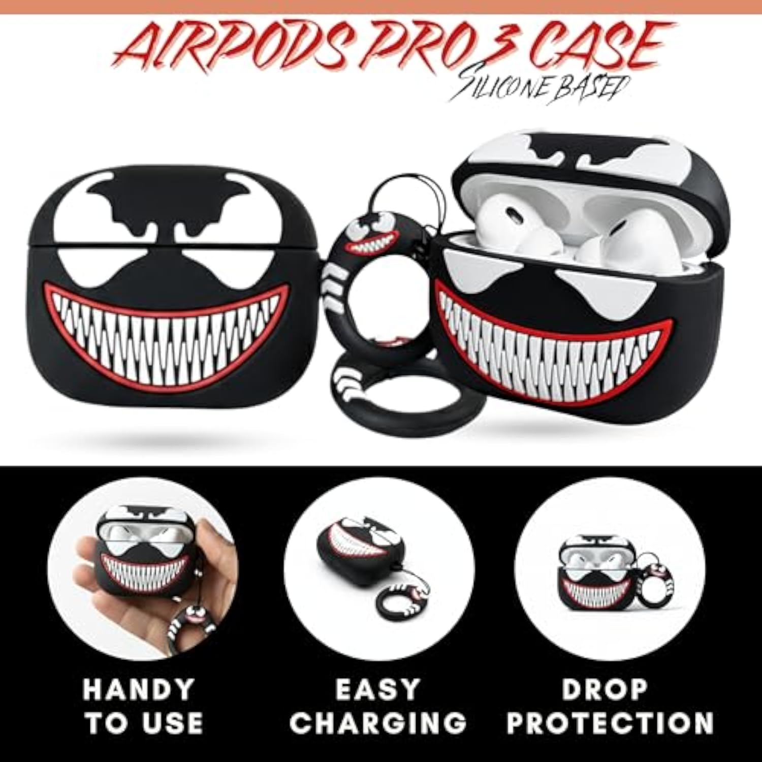 Kawaii 3D Cartoon AirPods Pro 3 Case Kit, 2025 Model, Soft Silicone Protective Cover for Apple AirPods Pro 3rd Generation with Keychain for Women, Girls, Boys, Venom Design