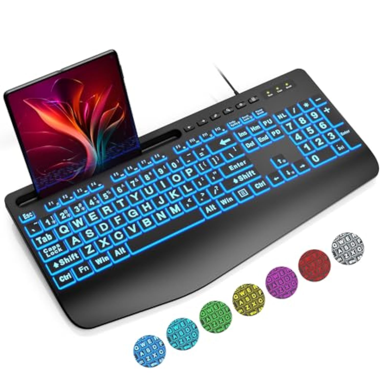 Large Print Backlit Keyboard, Wired Usb Lighted Computer Keyboards With 7-Colo