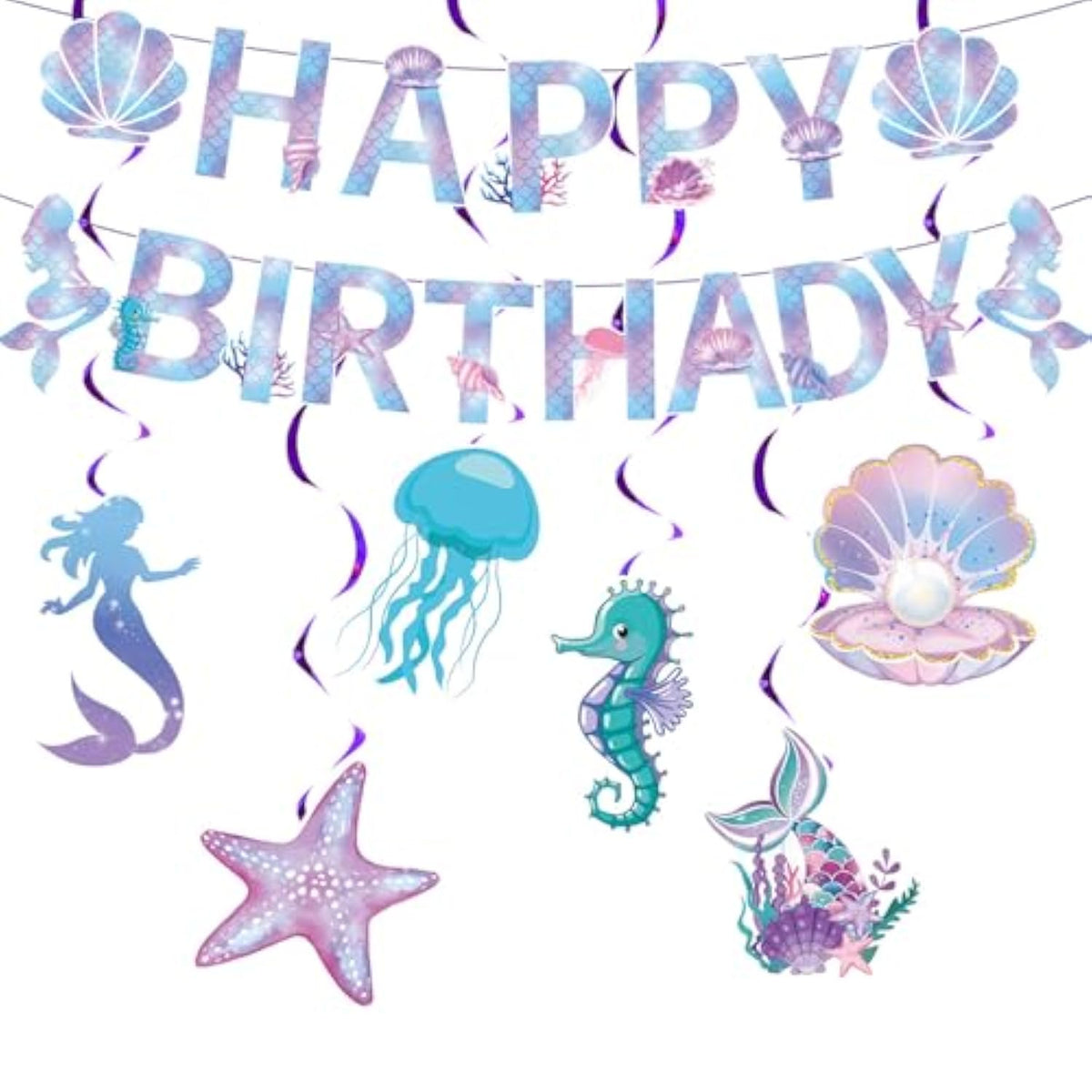 Mermaid Birthday Banner With Hanging Swirls - Under The Sea Theme Party Decorations For Girls Birthday,Children Love The "Mermaid" Banner Very Much