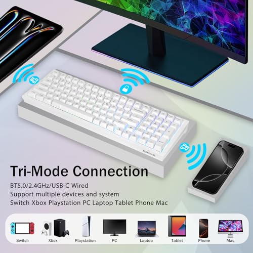 K723 Wireless Mechanical Gaming Keyboard Creamy, Bluetooth/2.4G/Usb-C Wired, Rgb Backlit, Hot Swappable Pre-Lubed Linear Switches, 96% Custom Gasket Structure For Pc/Mac/Ps/Xbox,White
