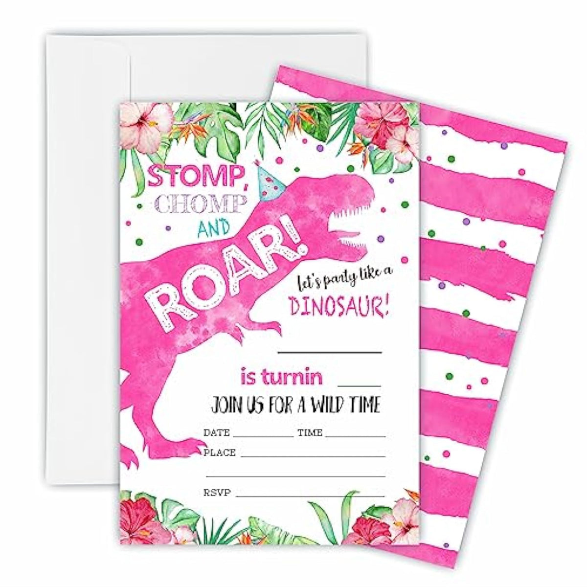 Stomp?Chomp & Roar? Birthday Invitations, Dinosaur Dino Party Invite Cards For Boys & Girls - 20 Jungle Dinosaur Theme Fill-In Invites With Envelopes, Party Favor & Decorations - 32