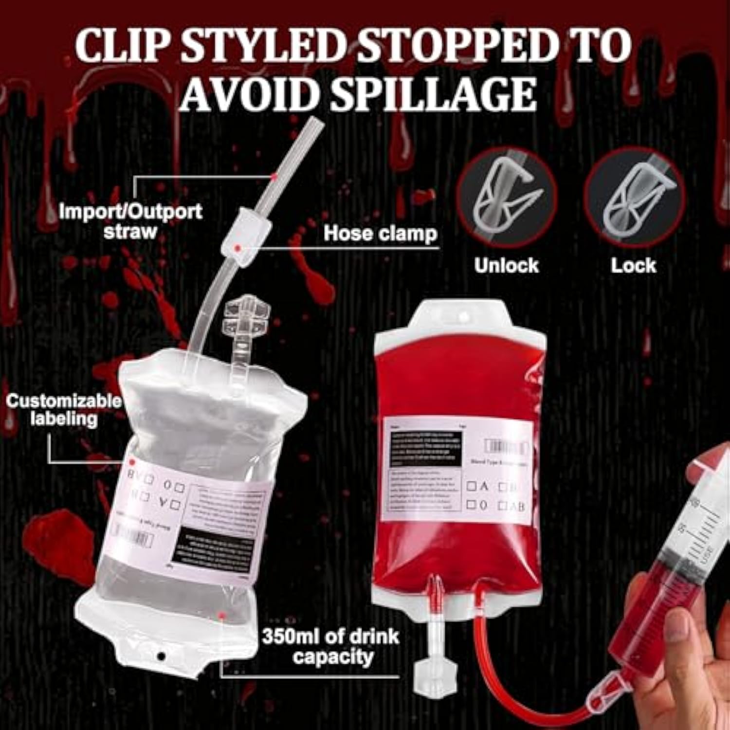 12 Pack Halloween Blood Bag Drink Containers, Reusable Iv Blood Bags Pouches For Vampire Cosplay, Nurse, Medical, Horror Party Decorations, Doctor Nursing/Rn Graduation, 12 Fl. Oz. Each + 2 Syringes