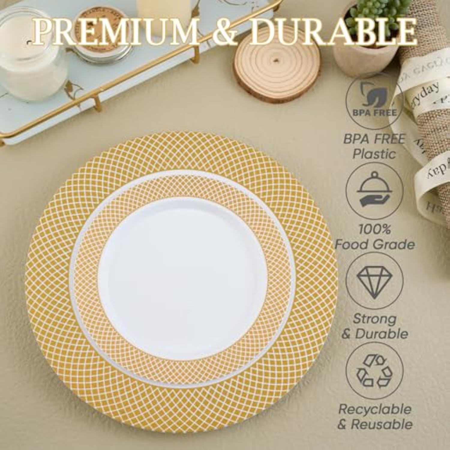 Gold Plastic Plates Set Of 102, Disposable Plates With Gold Grid Rim 51 Dinner Plates 10" And 51 Salad Dessert Appetizer Plates 7", Elegant Fancy Heavy Duty Wedding Party Plates