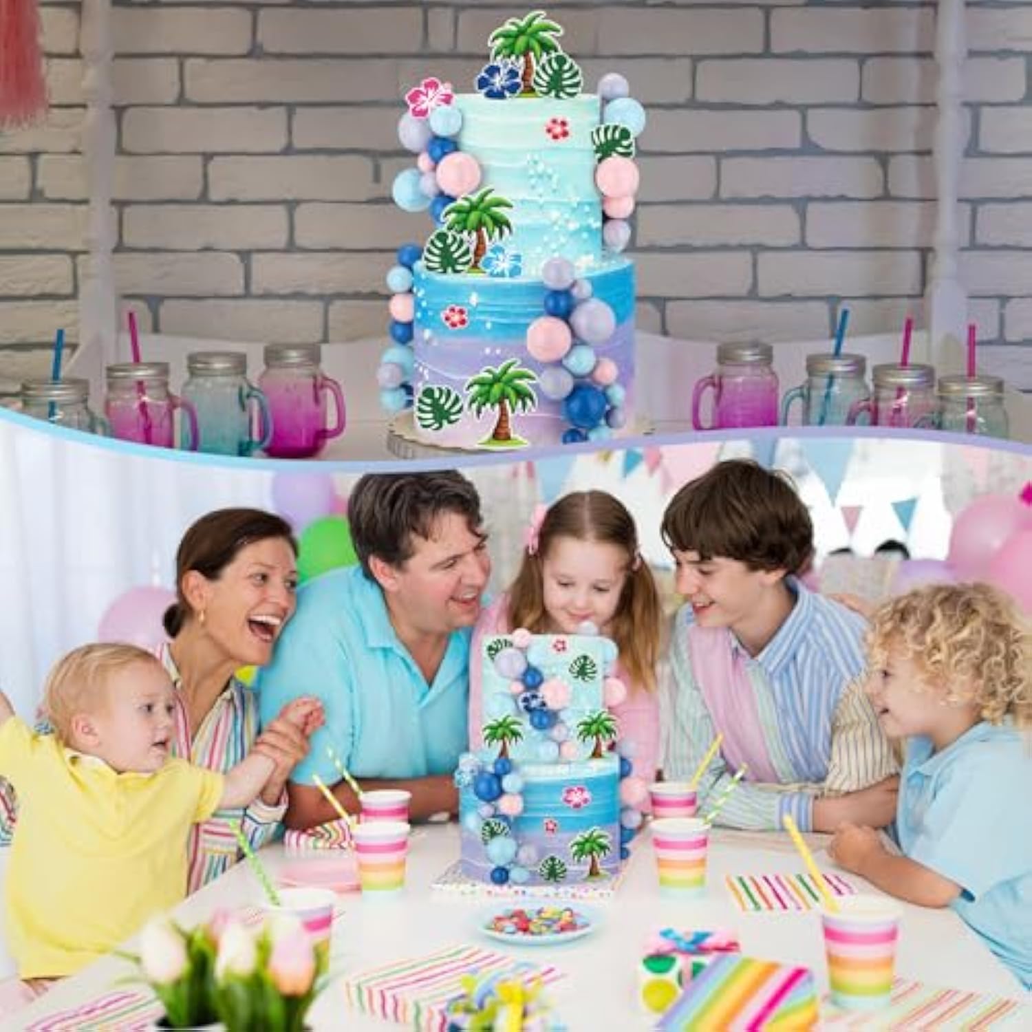 72 Pcs Cartoon Birthday Cake Topper Hawaiian Cake Topper Decoration With Balls Pink Blue Birthday Decoration Hawaiian Tropical Flower Decor Baby Shower Party Supplies