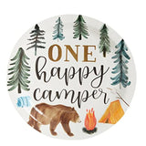 80-Pack One Happy Camper Paper Plates - 9-Inch White Disposable Plates - Forest Bear & Campfire Design - Camping Theme Party & Baby Shower