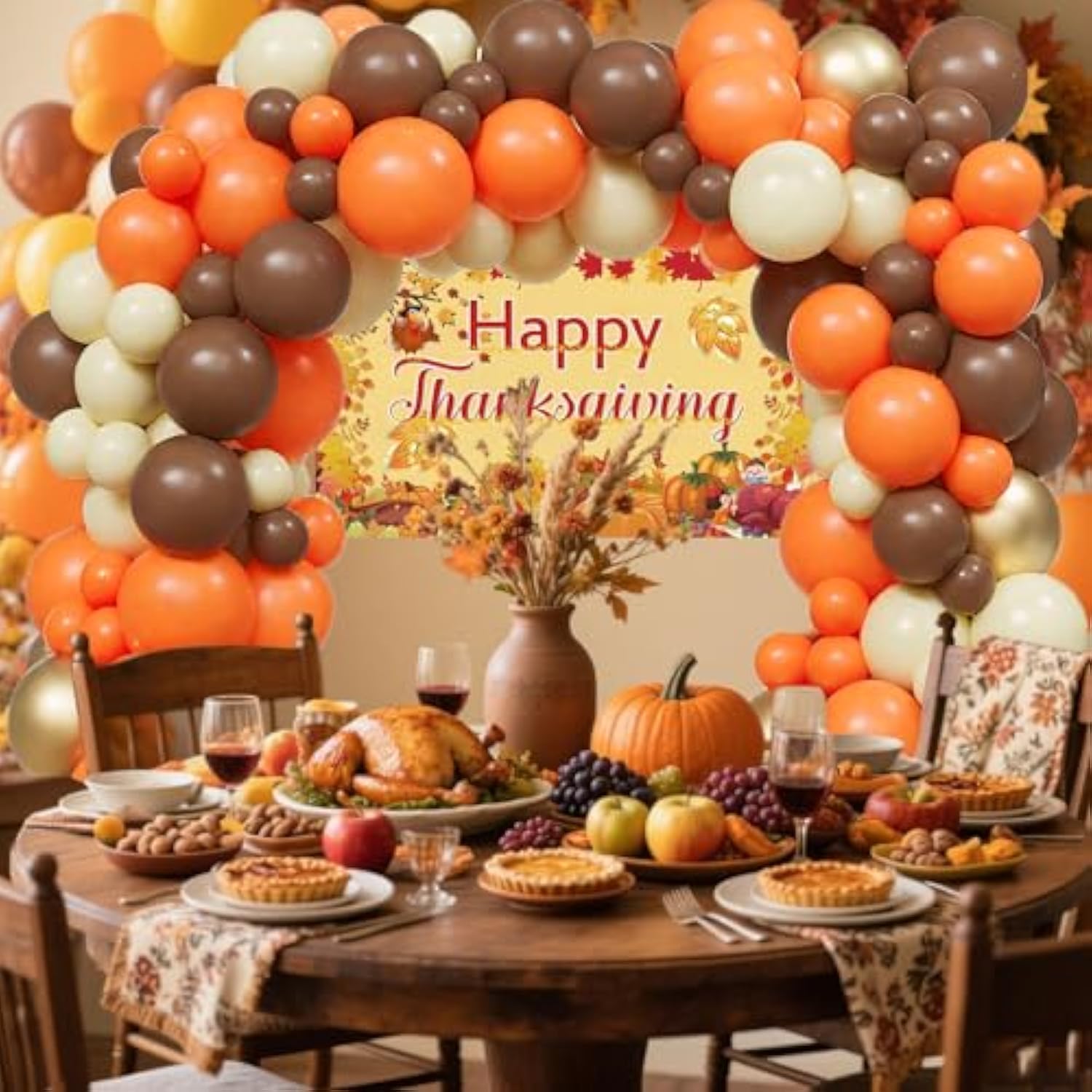 Thanksgiving Balloon Arch Kit Orange Gold Brown Sand Balloons with Happy Thanksgiving Backdrop Party