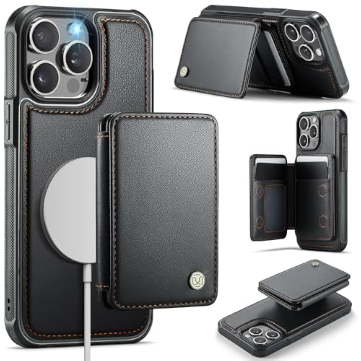 Compatible With Magsafe Wireless Charing For Iphone 15 Pro Max 6.7" Wallet Case, Rfid Blocking Card Holder 2 In 1 Detachable Wallet Kickstand Shockproof Case, Black