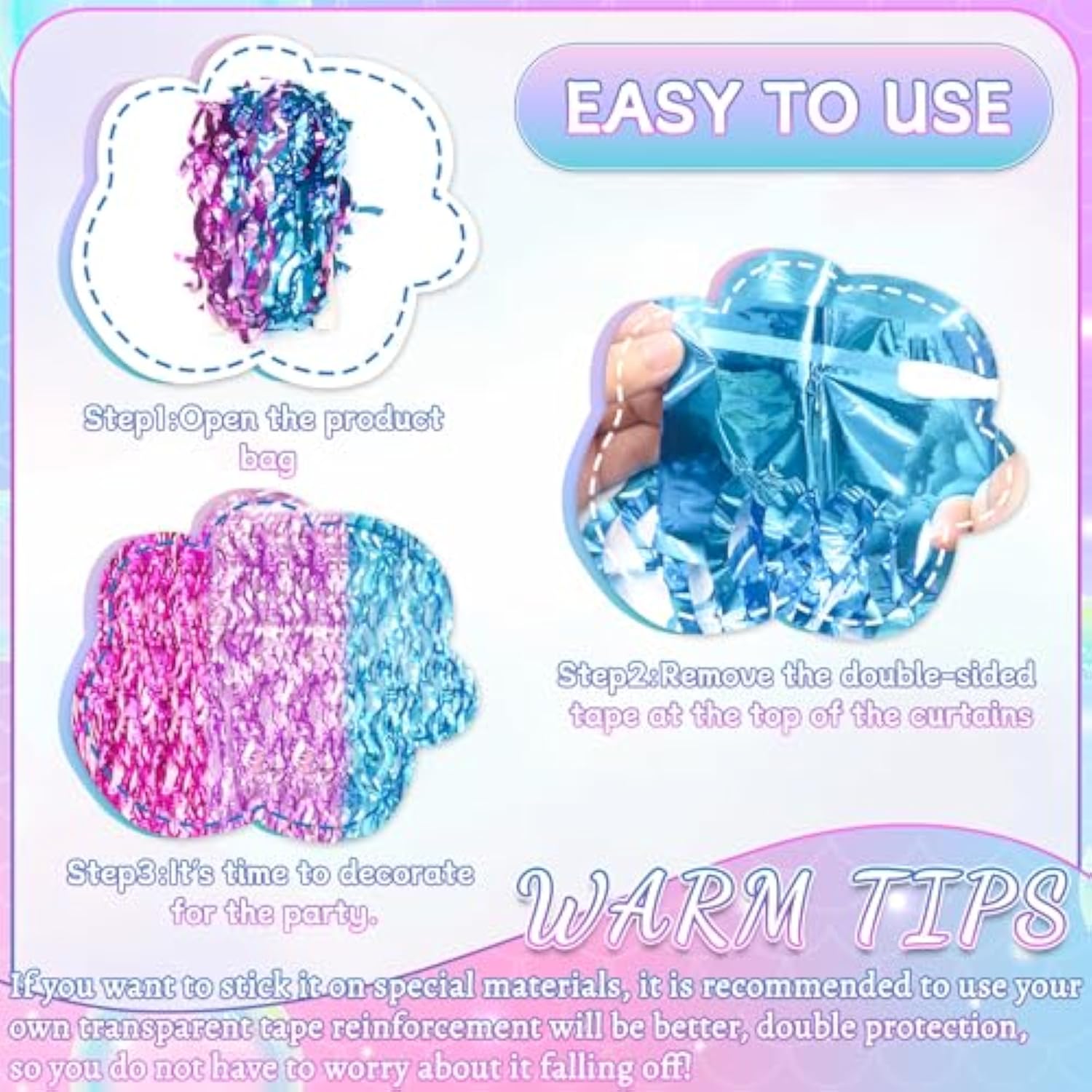 3 Pack Wavy Foil Fringe Curtain, Pink Purple Blue Streamers Water Beach Backdrop For Mermaid Theme Birthday Decorations Under The Sea Party Decorations, Summer Holiday Party, 3.3X6.6 Feet