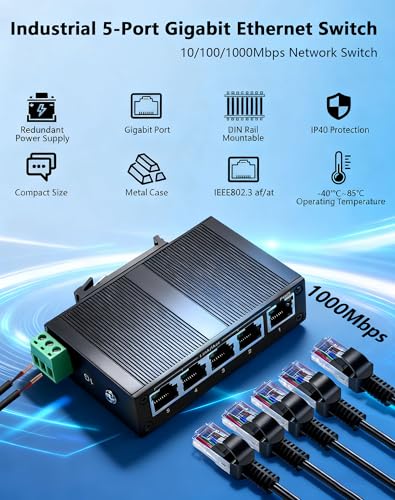 Industrial 5-Port Gigabit Ethernet Switch,10/100/1000Mbps Network Switch, Din Rail & Wall Mountable, 10Gbps Switching Capacity