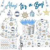 Ahoy Nautical Baby Shower Decorations Tableware - 142Pcs Its A Boy Plates And Napkins Supplies, Party Dinnerware Tablecloth For Sailor Theme Decorations