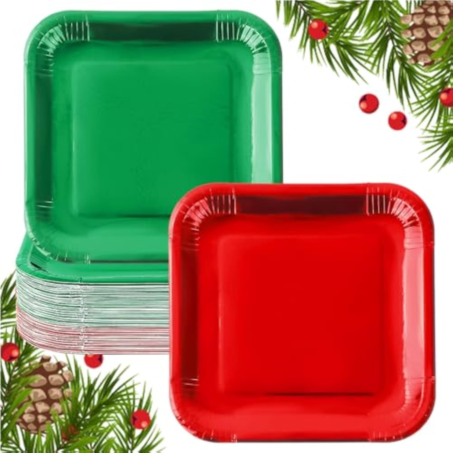 100Pcs Christmas Red Green Square Paper Plates 9 Inch Metallic Foil Plates Merry Christmas Disposable Plates For Xmas Winter Party Tableware Supplies