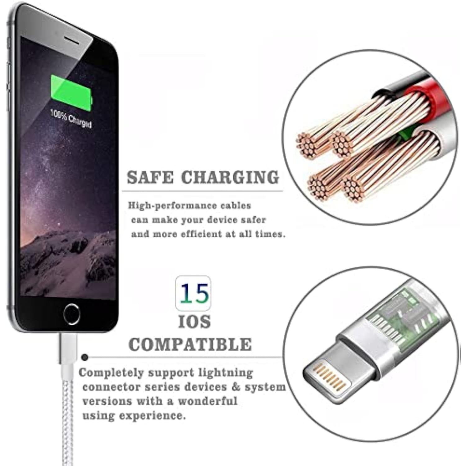 3Pack 10ft Nylon Braided High Speed USB Charging Cord Compatible with iPhone 12/11/XS/XR/X/8/7/6/5/iPad