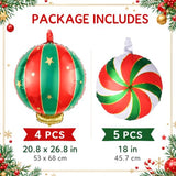 Christmas Foil Balloons, 9PCS Xmas Round Candy Lollipop Foil Balloons and Christmas Hanging Ball Mylar Balloons, Red Green Gold Xmas Sweetland Decorations for New Year Candies Party Decor