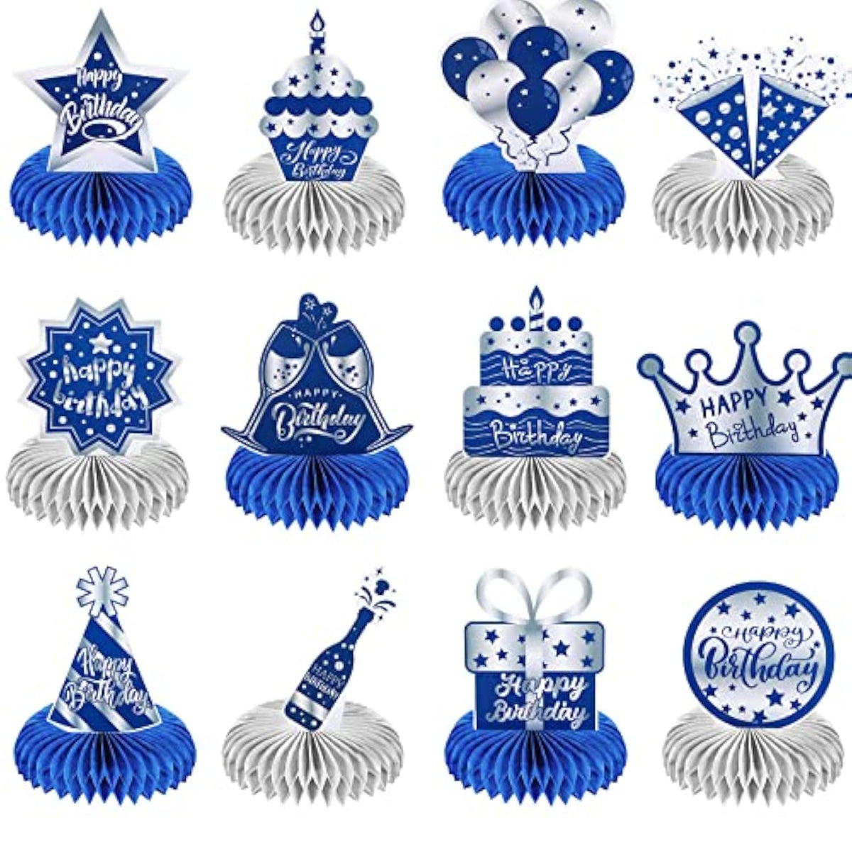 12pcs Blue Silver Honeycomb Centerpieces for Men's Birthday Party Decorations