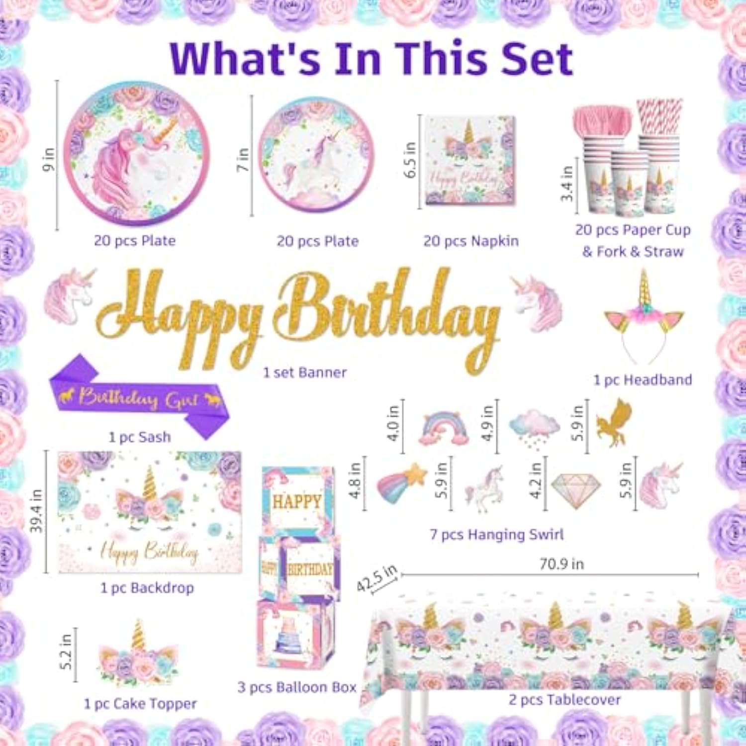 246pcs Unicorn Birthday Set with Plates & Supplies for 20 Guests