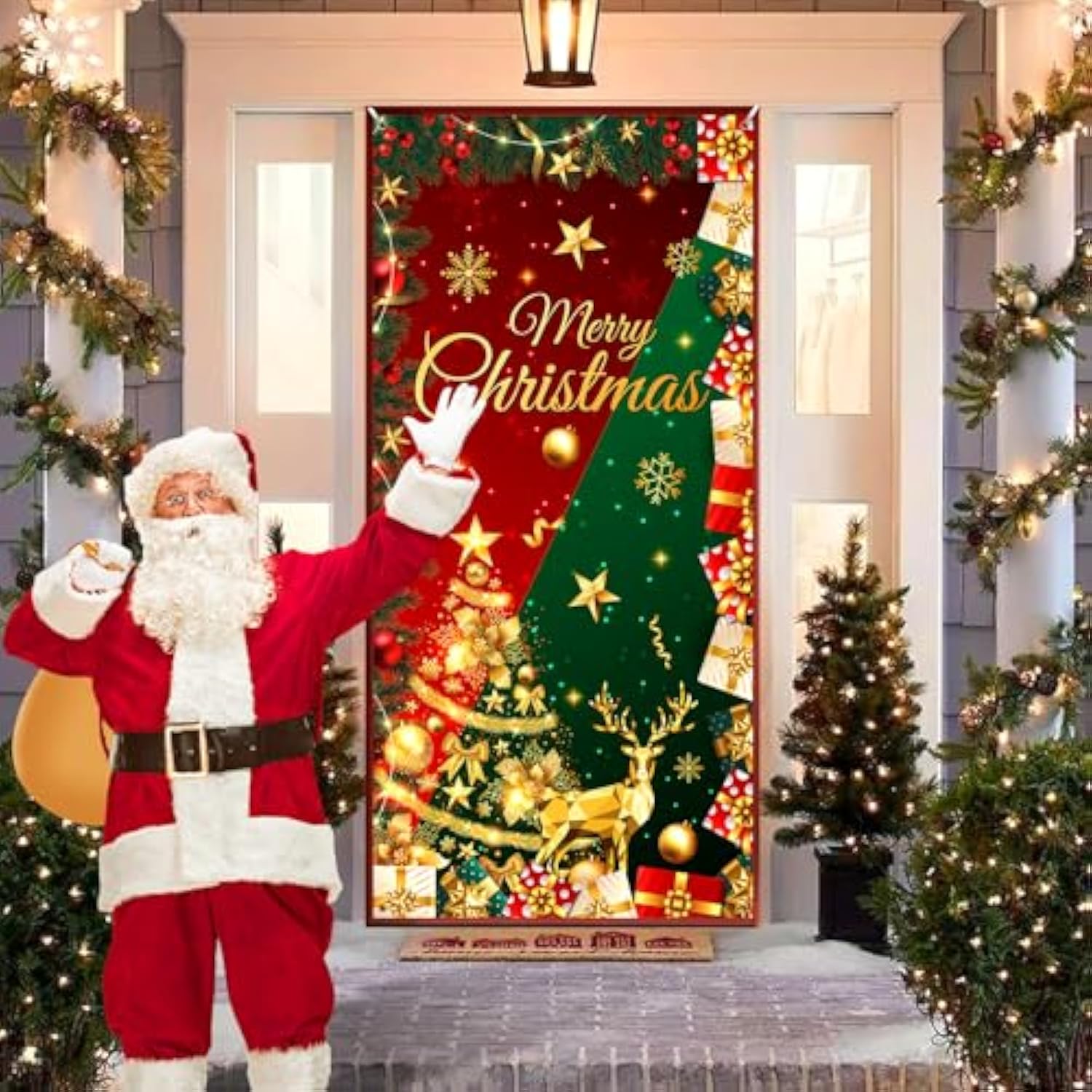 Red Green Christmas Door Cover Merry Christmas Door Decorations Banner Glitter Christmas Tree Elk Snowflake Porch Sign Backdrop Background For Christmas New Year Winter Holiday Party Decor Supplies