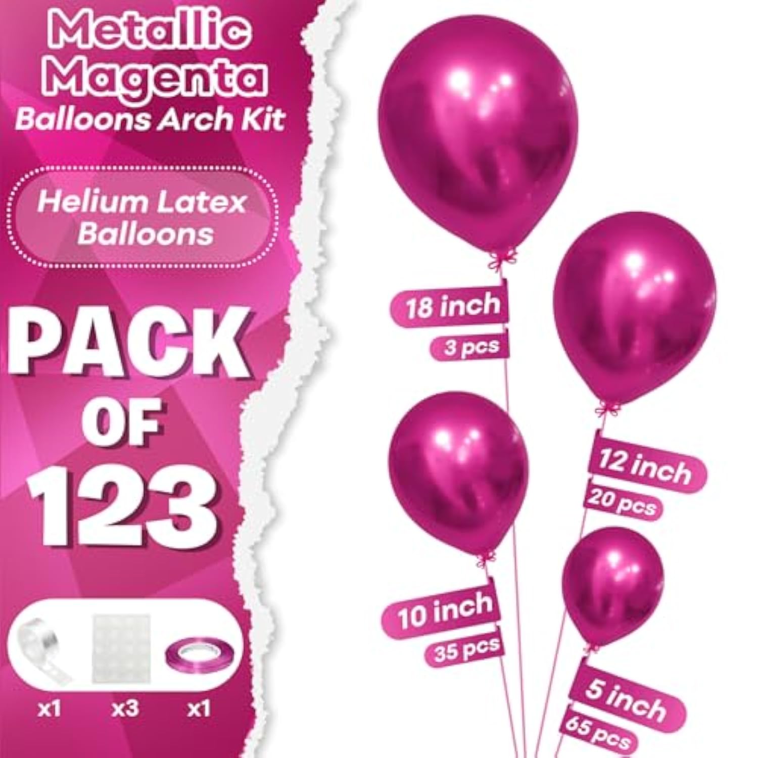 123pcs Chrome Hot Pink Balloon Garland Kit in Various Sizes for Birthday & Wedding Decor