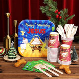108 Pcs Happy Birthday Jesus Tableware Set Include Disposable Jesus Plates Napkins Knives Spoons Forks And Christian Jesus Cups Christmas Dinnerware For Nativity Holiday Party Supplies