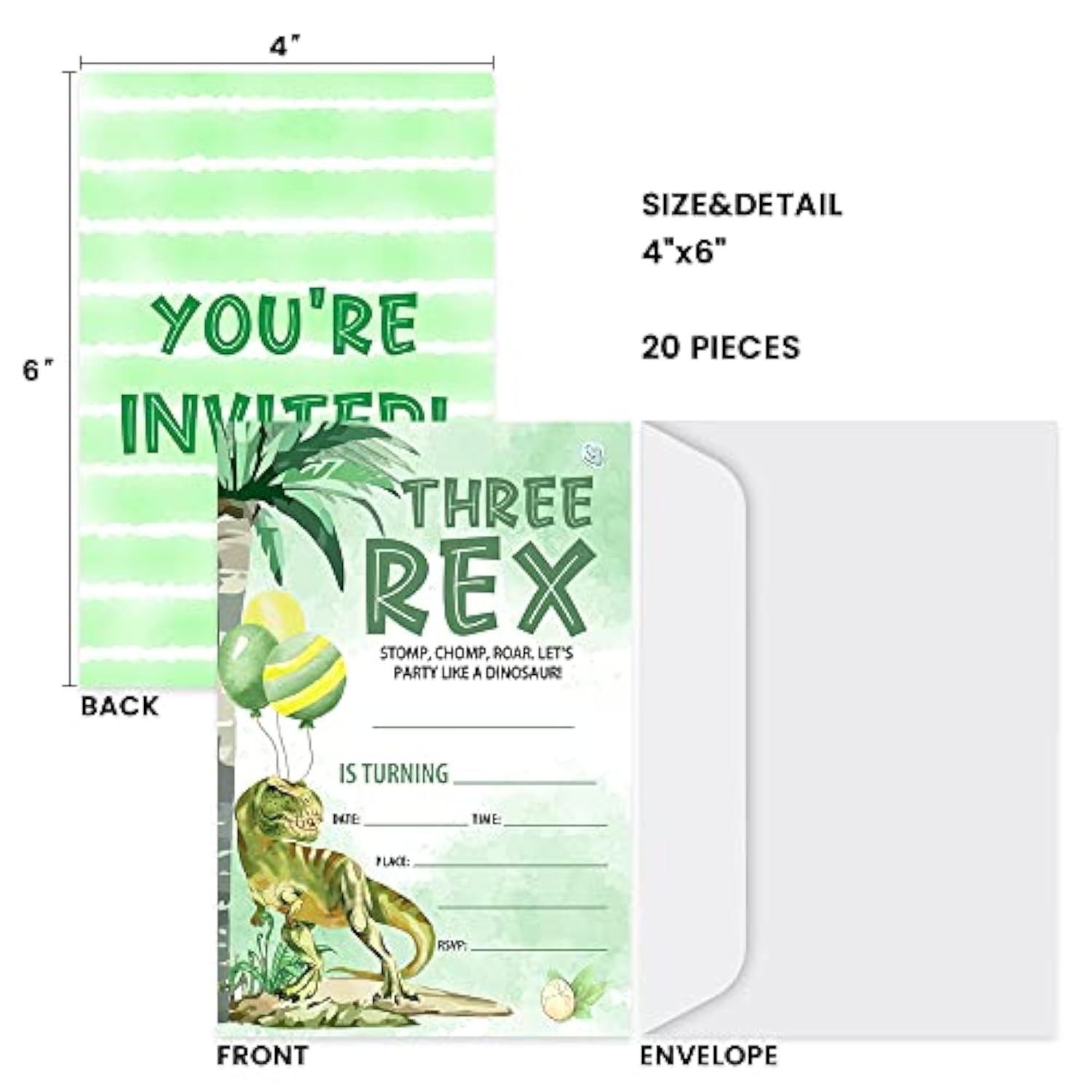 Dinosaur 3Rd Birthday Party Invitations, Three Rex Invitations, Dinosaur Party Supplies Favors For Boys, Birthday Party Decorations, 20 Cards With Envelopes - I08
