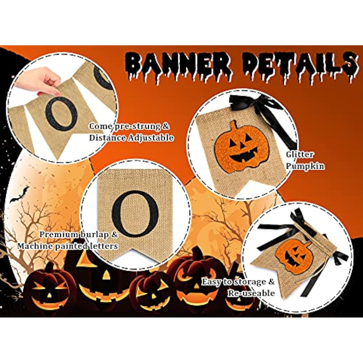 Halloween Burlap Banner with Glitter Pumpkin Boo Bunting Flag Rustic Garland for Party Decor