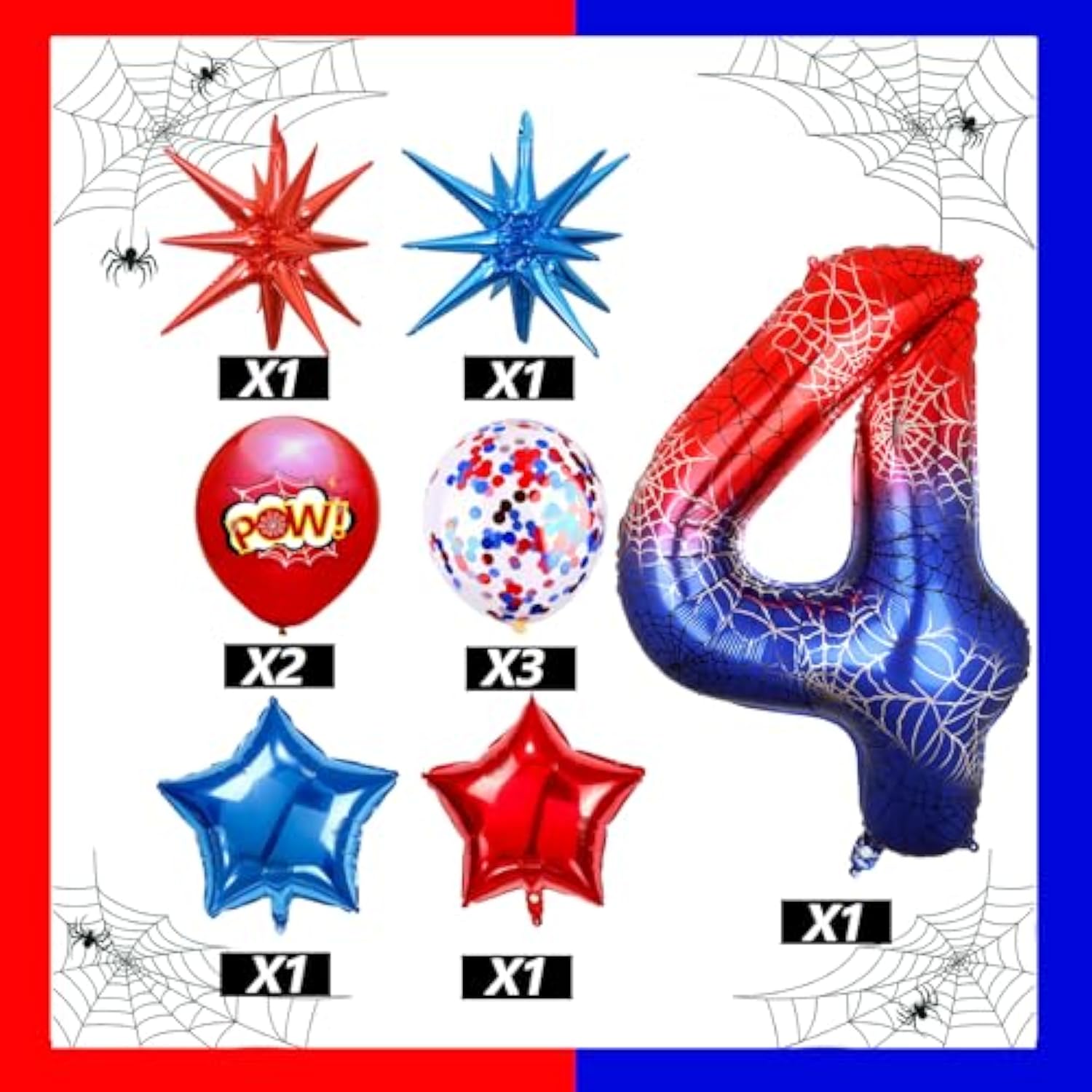 10Pcs 40 Inch Spider Theme Number 4 Foil Balloons Birthday Decoration Cartoon Hero Red And Blue Spider Web Design For Kids Large Mylar 4Th Number Balloon Cartoon Party Birthday Supplies