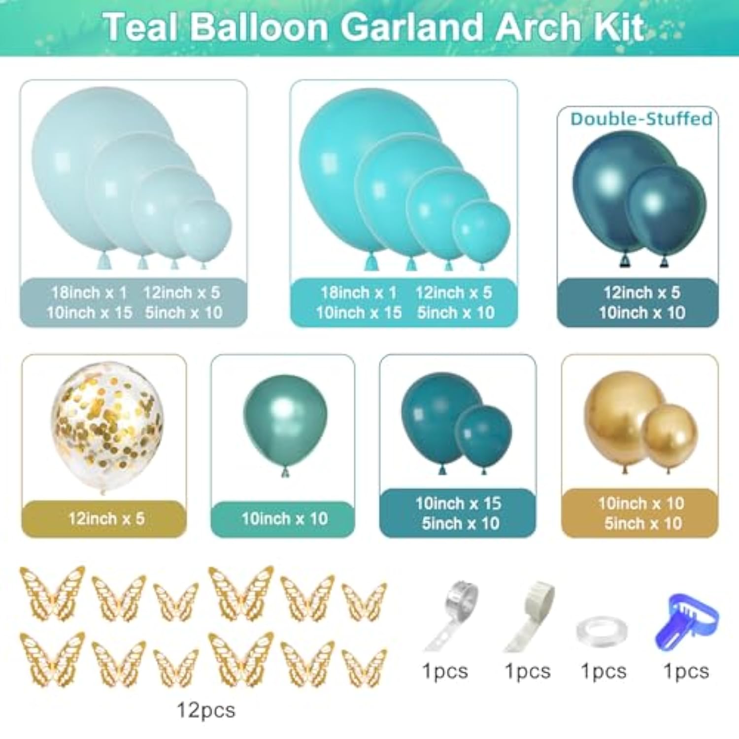 Teal Balloon Garland Kit with Butterflies – 168PCS for Party, Wedding & Baby Shower Decor