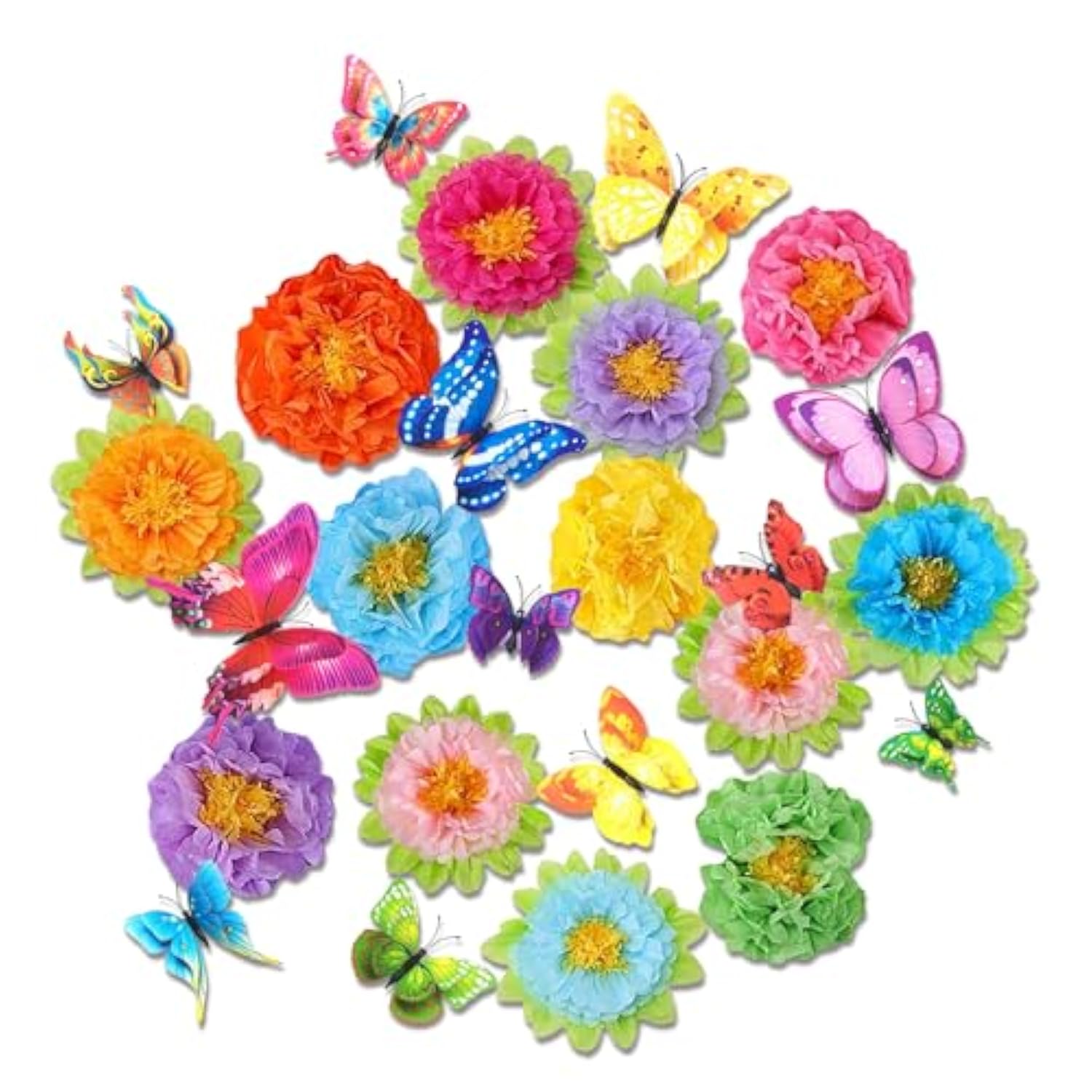 36Pcs Flower Party Decorations Paper Flowers With 3D Butterfly Decorations, Spring Theme Party Backdrop Photo Booth Wall Decor
