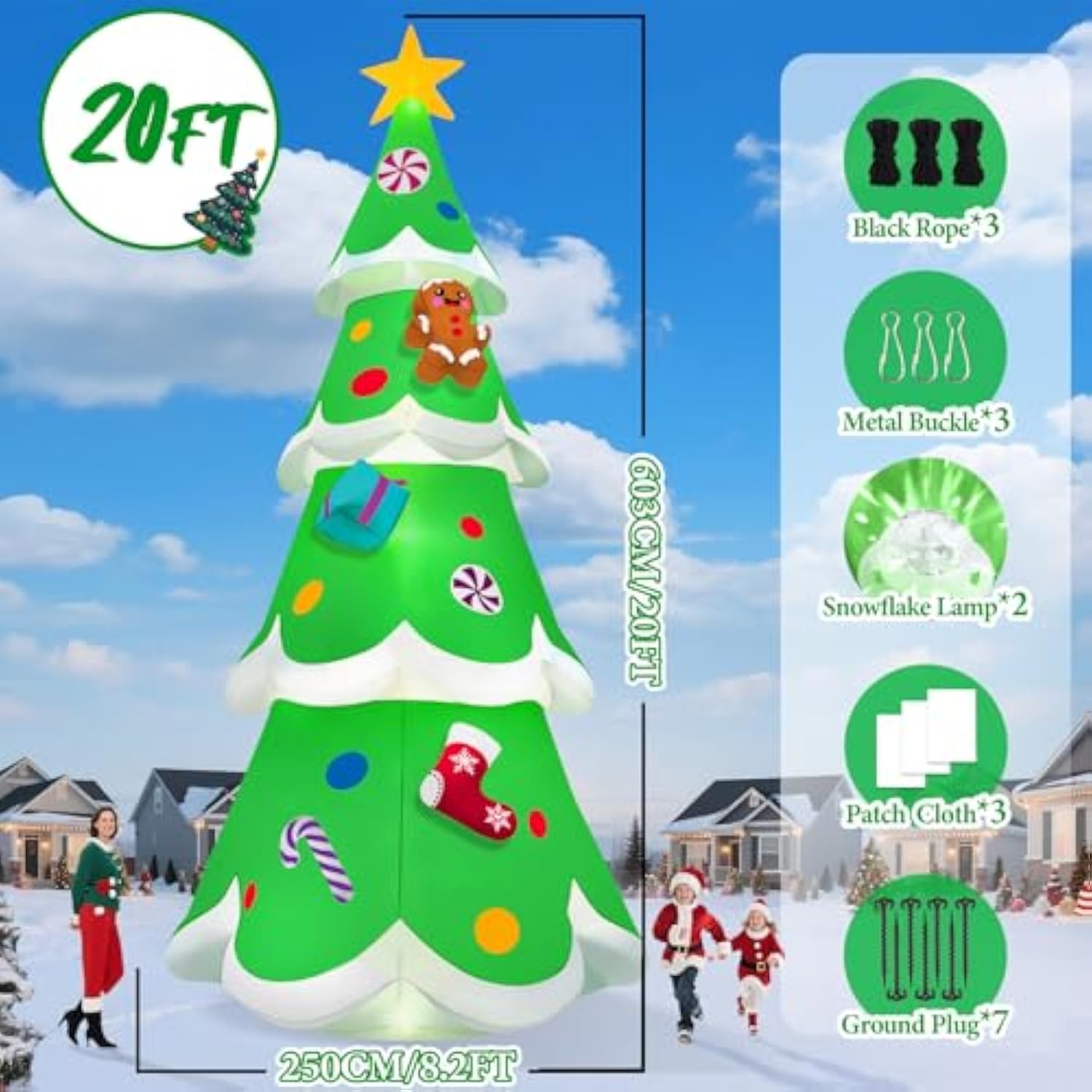 20Ft Christmas Tree Inflatable With Led Light, Giant Christmas Yard Inflatables Outdoor Xmas Blow-Up Outdoor Decoration