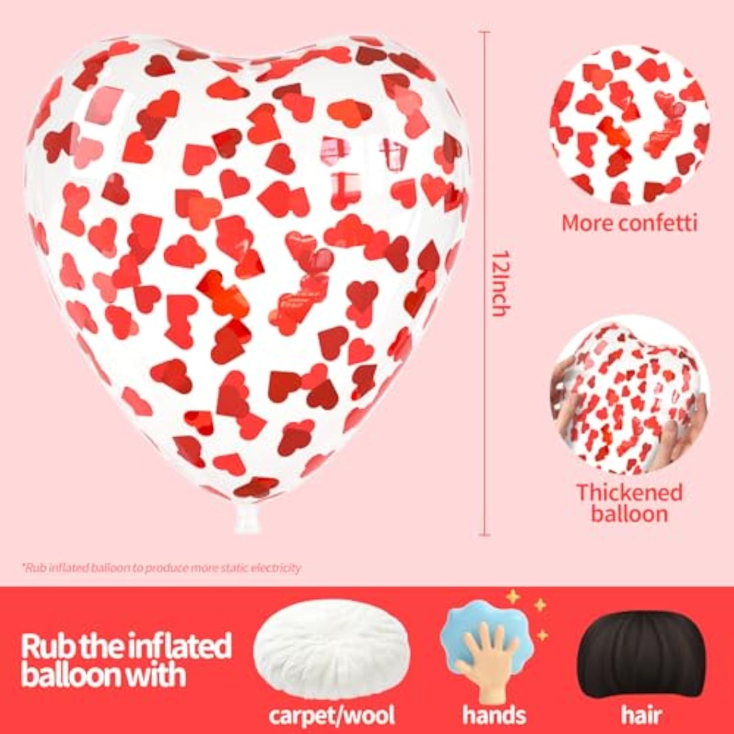 Red Heart Confetti Balloons 30 Pcs, 12 Inch Clear Heart Latex Balloon With Heart Confetti Inside For Wedding Anniversary Birthday Party Valentine Baby Shower Bridal Shower Decorations Supplies