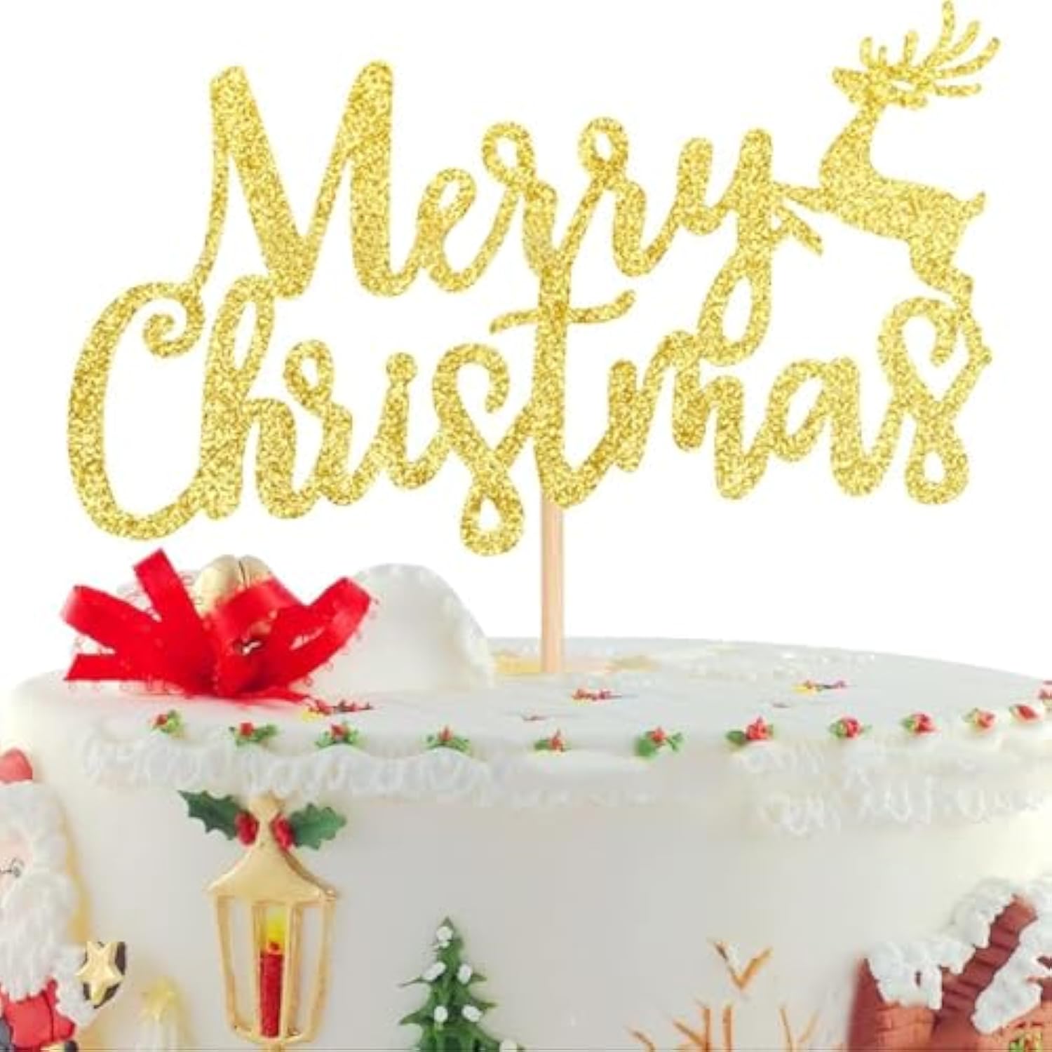 Gold Glitter Reindeer Merry Christmas Cake Topper Holiday Party Decor