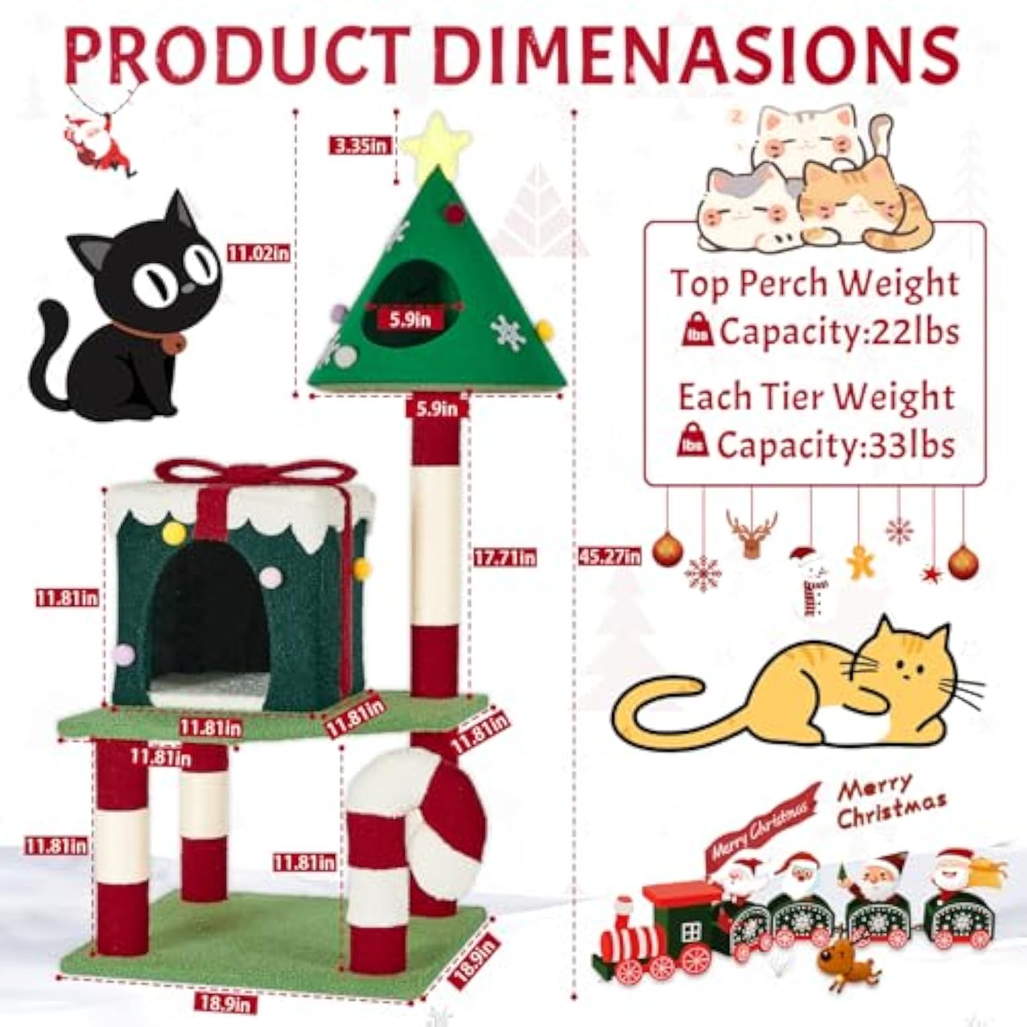 Christmas Cat Tree Tower For Indoor Cats - 45In Multi-Level Cat Climbing Tower With Cat Condos, Xmas Tree Gift Box Shaped Condo Candy Cane Design Cute Cat Tree Tower Holiday Decoration
