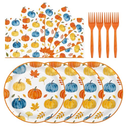 72Pcs Fall Paper Plates and Napkins Set, Autumn Pumpkin Dessert Plates 7in