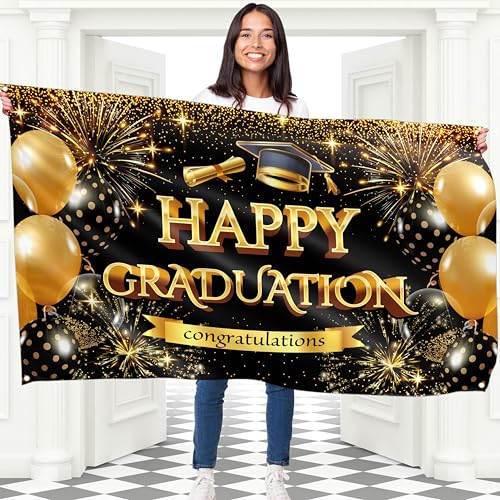 Happy Graduation Banner for Prom - Congratulations Banner - Congratulations Decorations - Well Done - We Are So Proud of You - 5x3ft (Black & Gold)