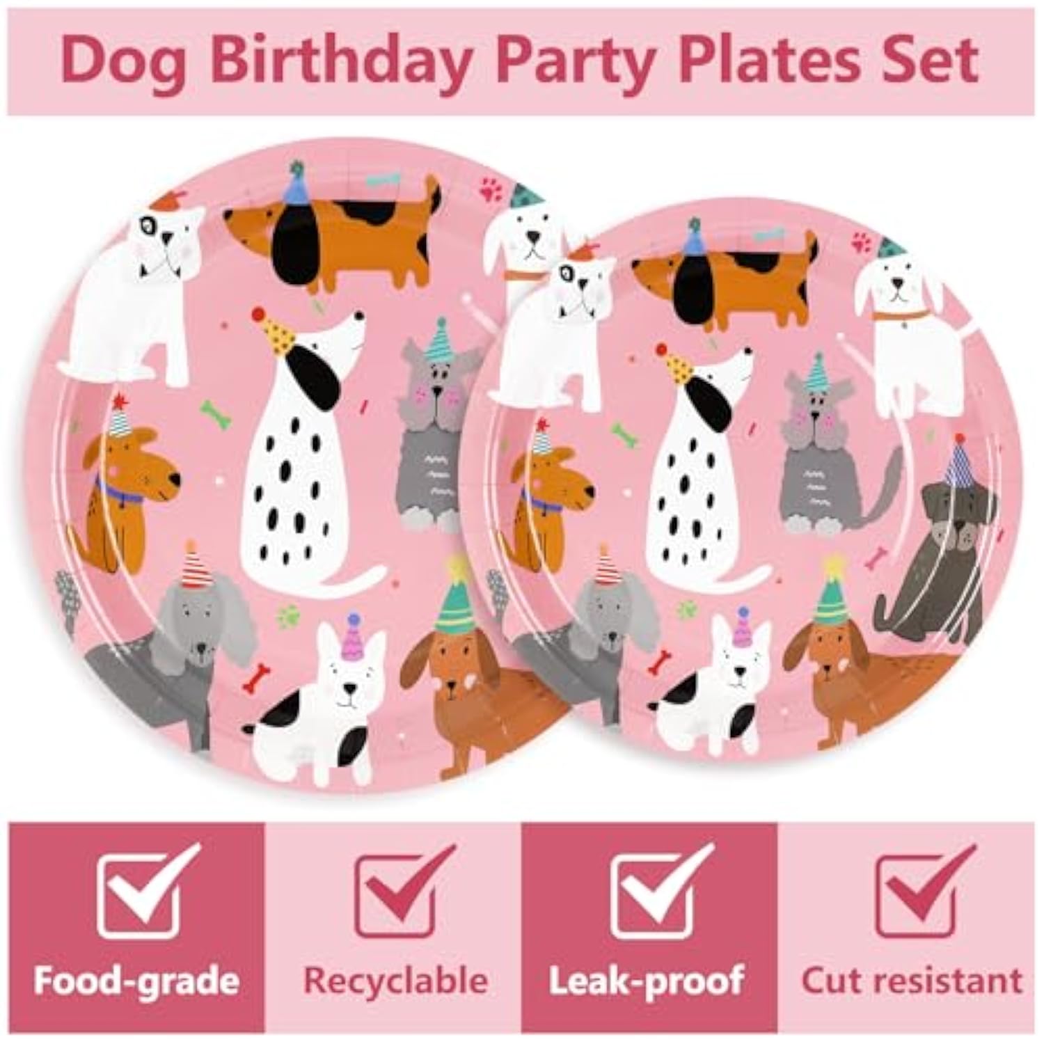 30Pcs Dog Theme Paper Plate Pink Puppy Disposable Plates 9" & 7" Cute Cartoon Dinner Plates For Animal Pet Party Table Decor Supplies