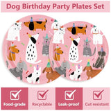 30Pcs Dog Theme Paper Plate Pink Puppy Disposable Plates 9" & 7" Cute Cartoon Dinner Plates For Animal Pet Party Table Decor Supplies
