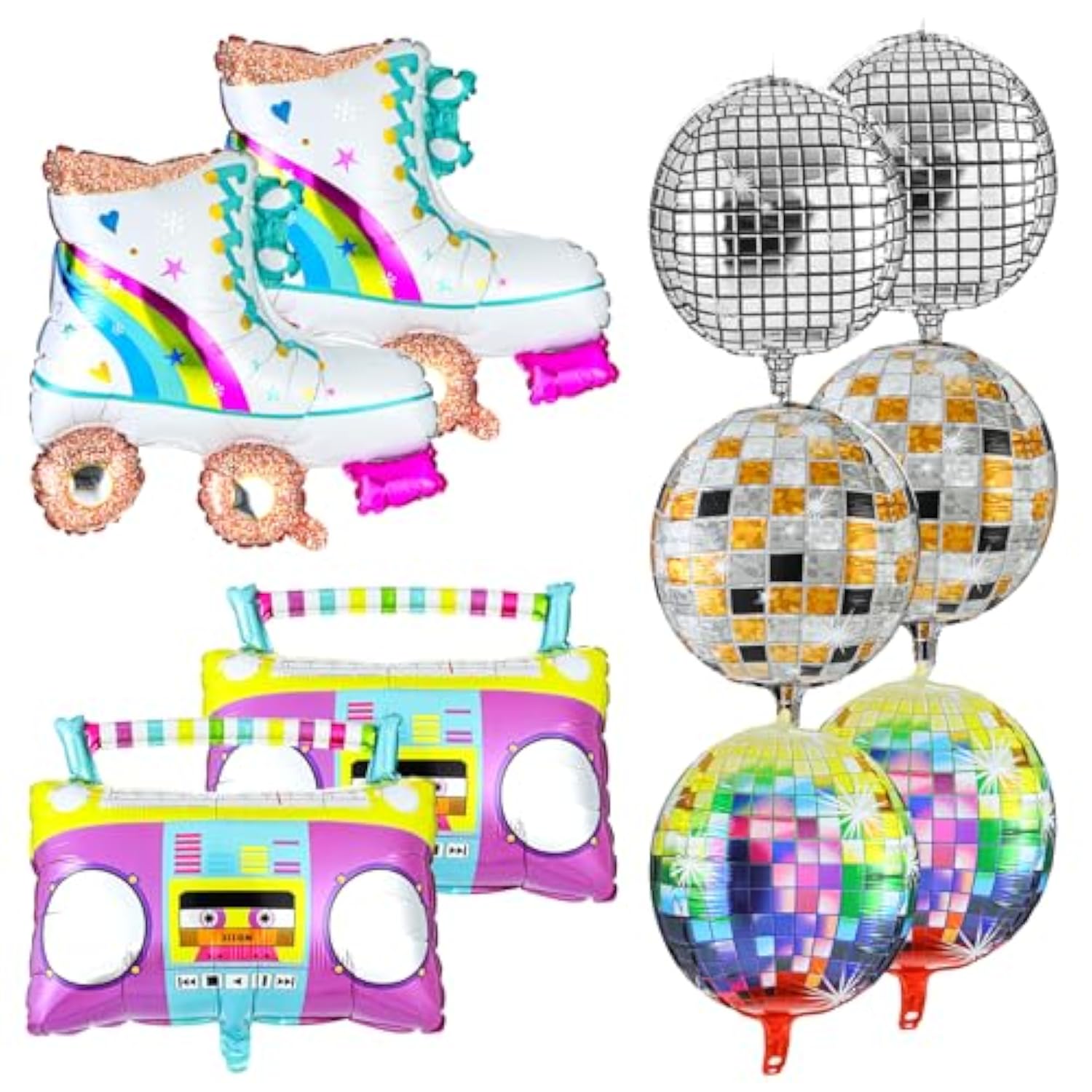 10 Pcs Roller Skate Balloon Set 22 Inch Disco Ball Balloons Color Foil Boombox Balloon 80S 90S Retro Balloons For Disco Theme Hip Hop Birthday Party