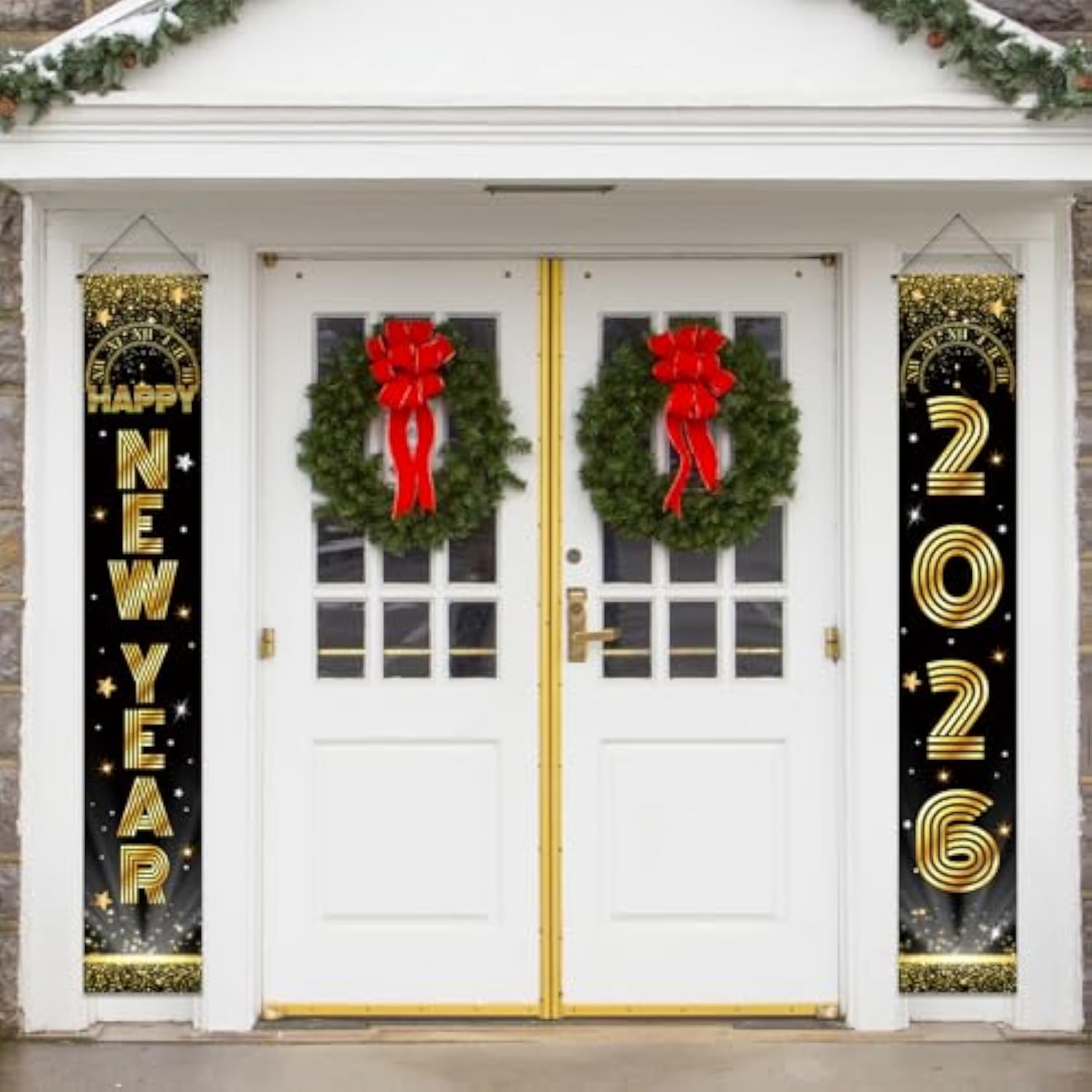 Happy New Year 2026 Banner Black Gold 71x12in Porch Wall Party Decor