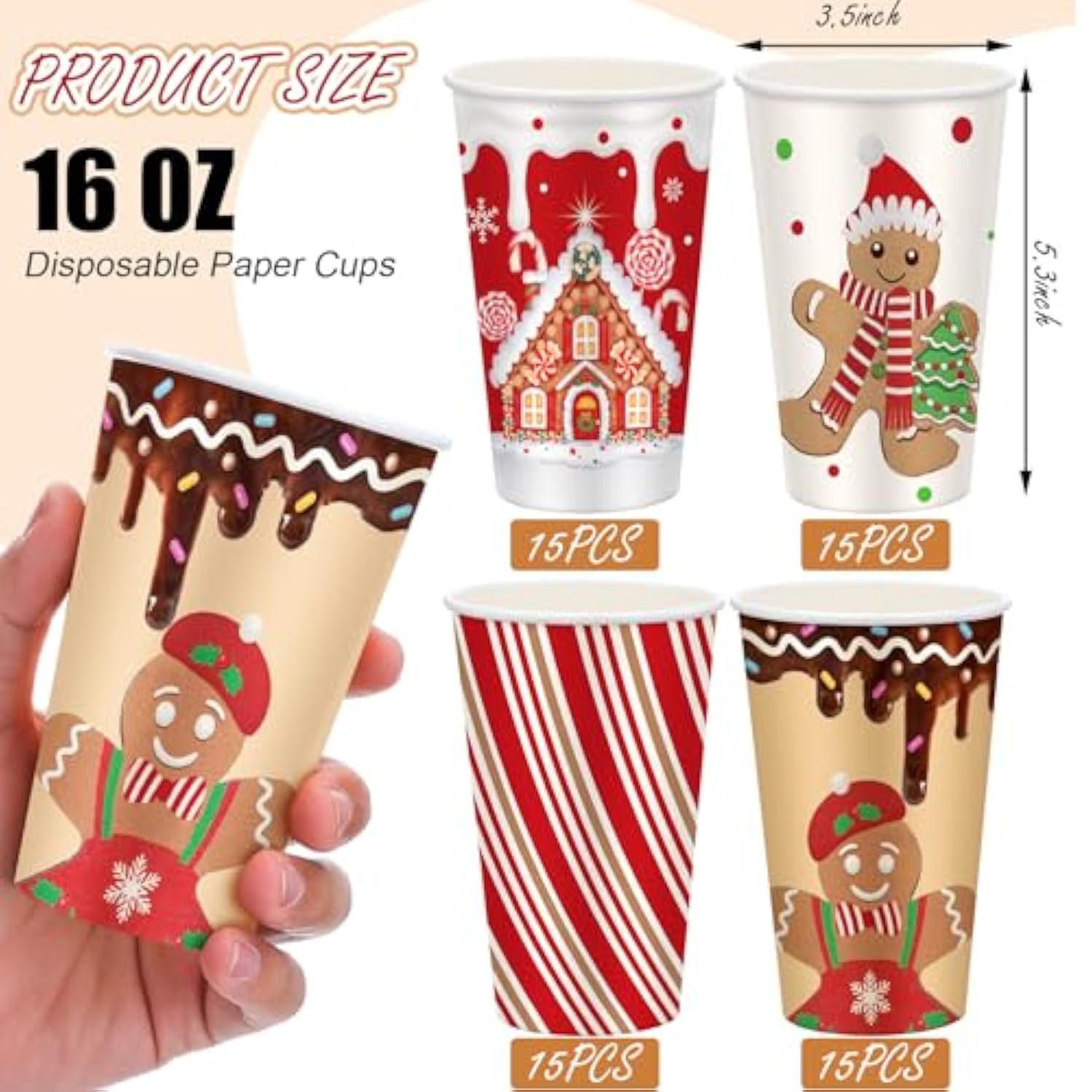 60 Pcs Christmas Paper Xmas Disposable Coffee Cups 16Oz For Drinking Tea Hot Cold Beverages, Santa Snowman Gingerbread Cups Christmas Decoration(Gingerbread Man)