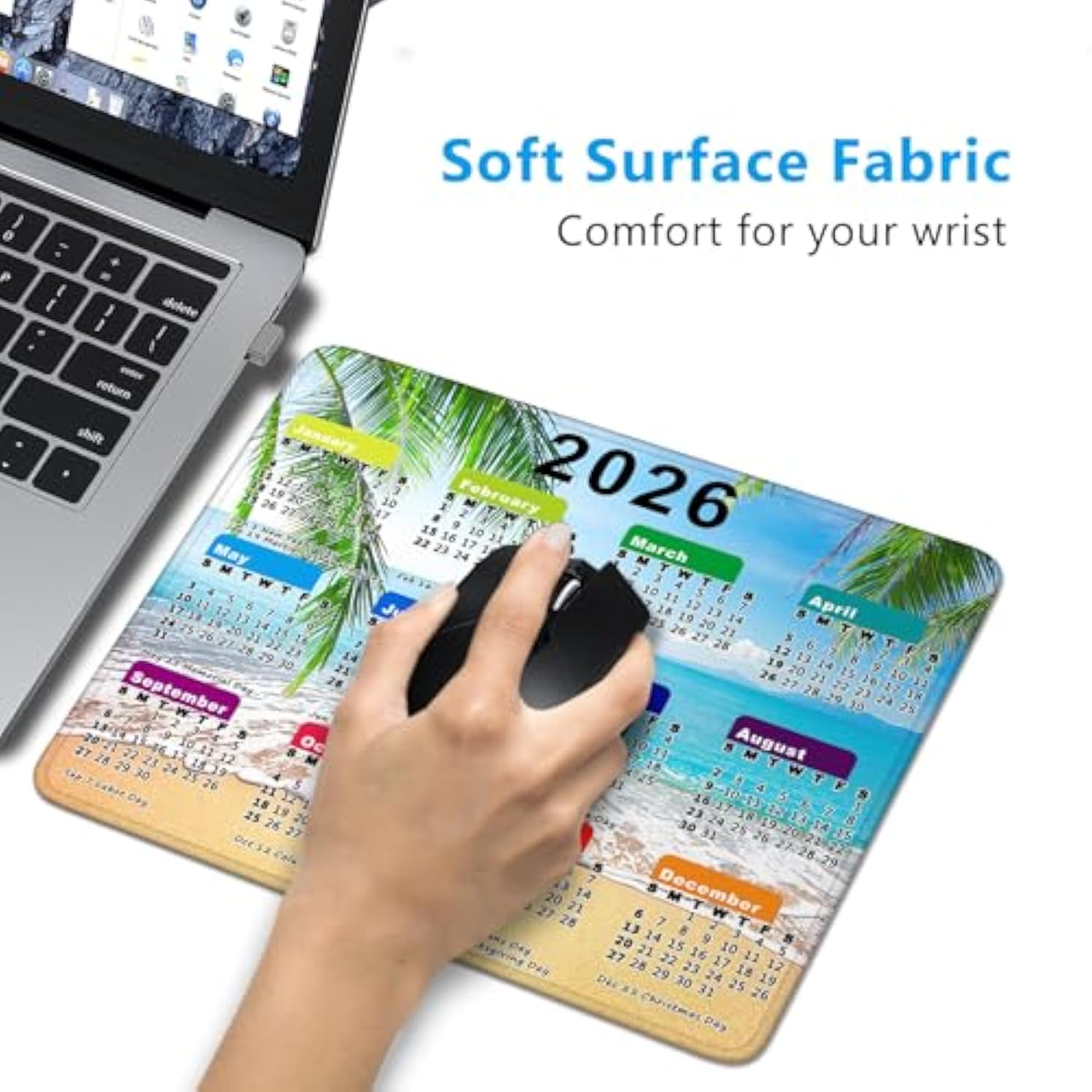 2026 Calendar Mouse Pad With Stitched Edges, Gaming Mousepad For Computer Laptop Mat,New Year Office Accessories (8.7 X 7.1 Inch) - Ocean Beach Palm Tree