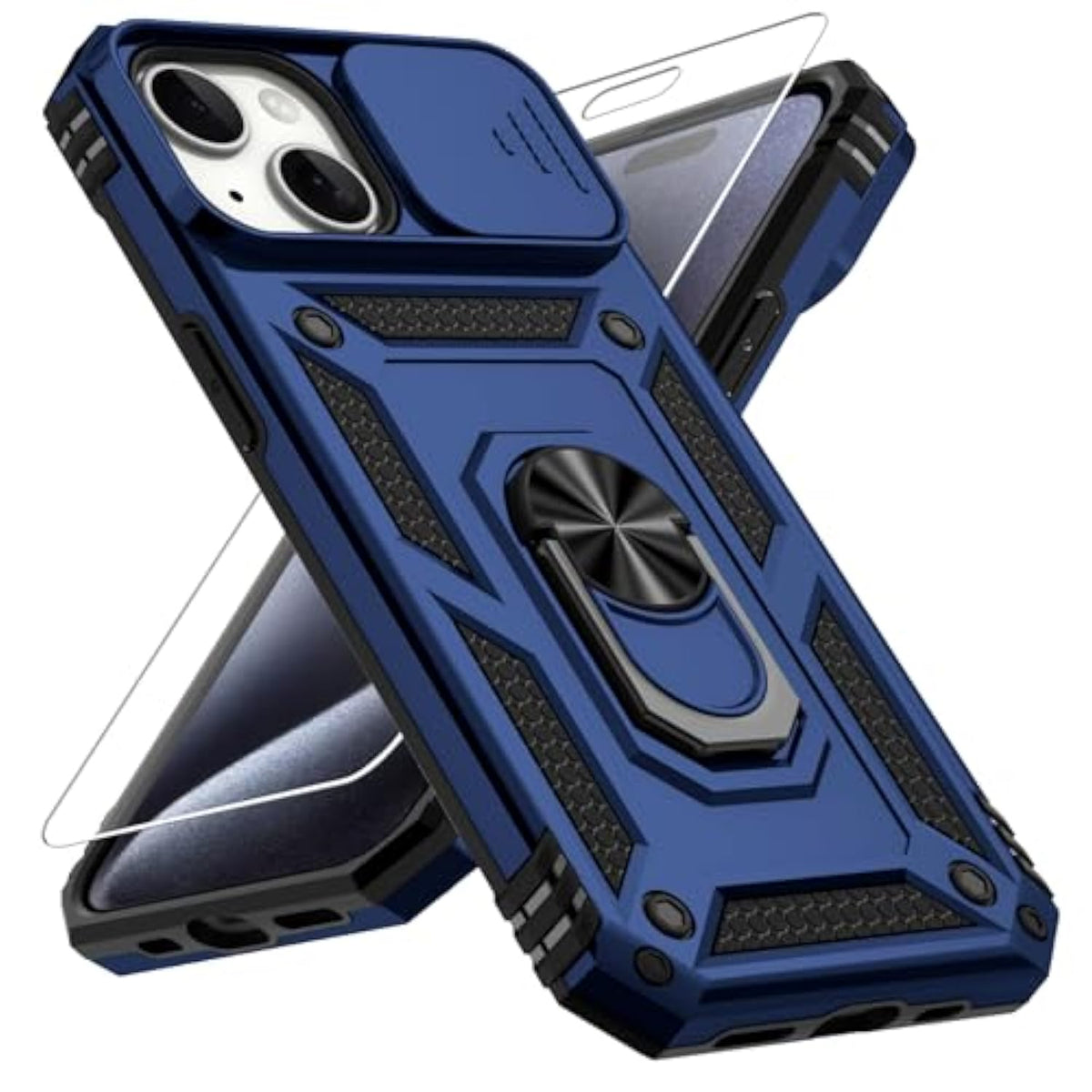 For Iphone 15 Plus Case, Slide Lens Cover, Hd Screen Protector, Military Grade Drop Protection, Magnetic Rotated Ring Holder Kickstand Protective Phone Case (Navy Blue)