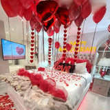 Anniversary Party Decor Set: Red Heart Garland, Balloons & Rose Petals
