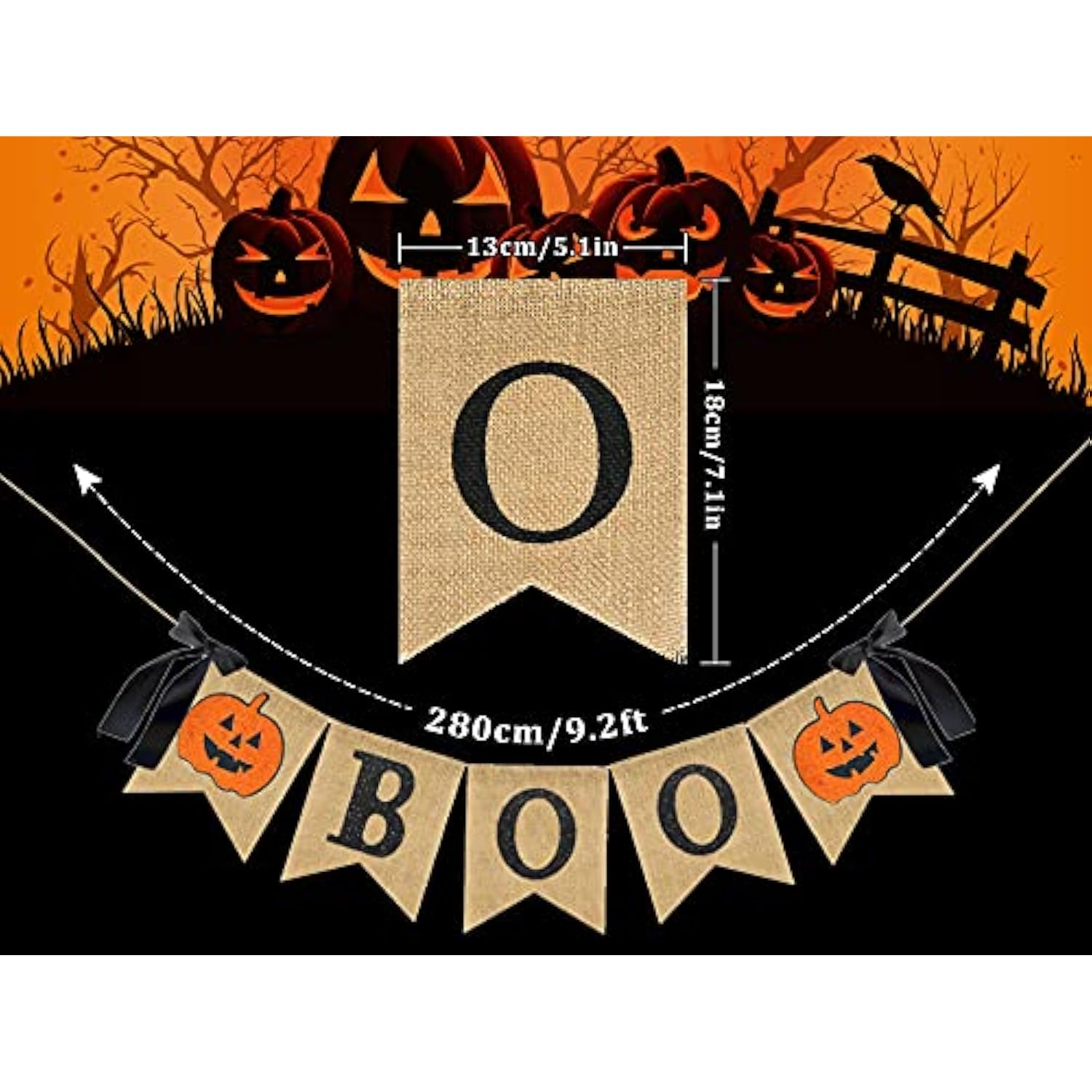 Halloween Burlap Banner with Glitter Pumpkin Boo Bunting Flag Rustic Garland for Party Decor