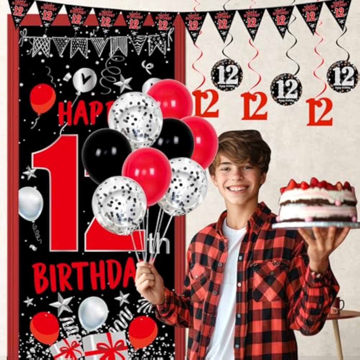 12Th Birthday Decorations For Boys Girls, Red Black Happy 12Th Birthday Decorations Boy Girl, Happy 12 Bday Banner Backdrop Balloons Tablecover Triangle Flag, 12 Year Old Boy Bday Party Supplies Decor