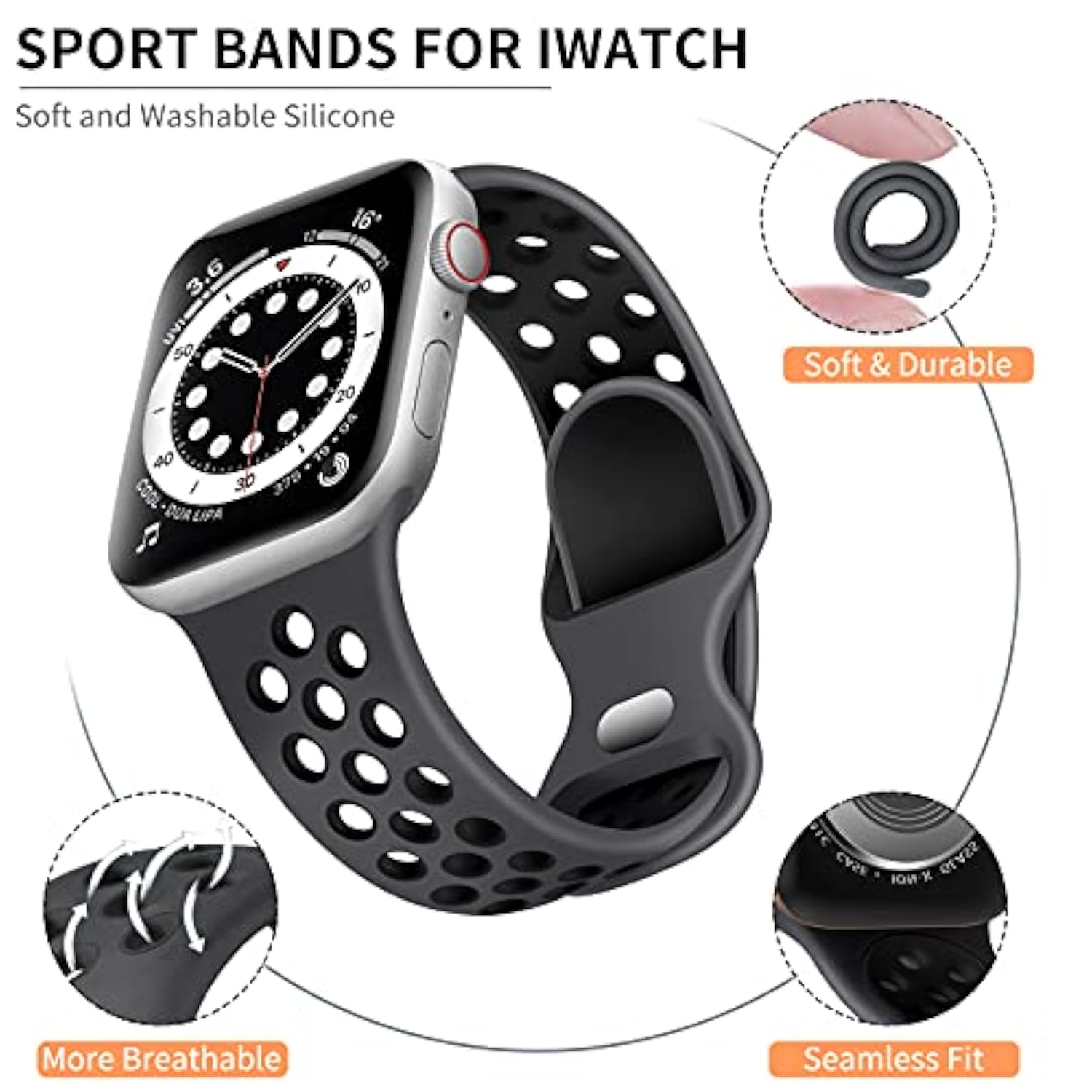 Soft Silicone Breathable Sport Bands for Apple Watch 42-49mm Black
