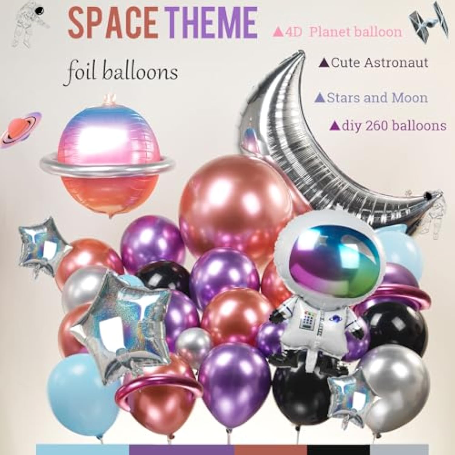 Galaxy Space Balloon Garland Kit 140Pcs Purple Blue Black Outer Space Astronaut Moon & Star Diy 4D Planet Balloons For Girl Two The Moon Birthday Decorations Kids Party Supplies