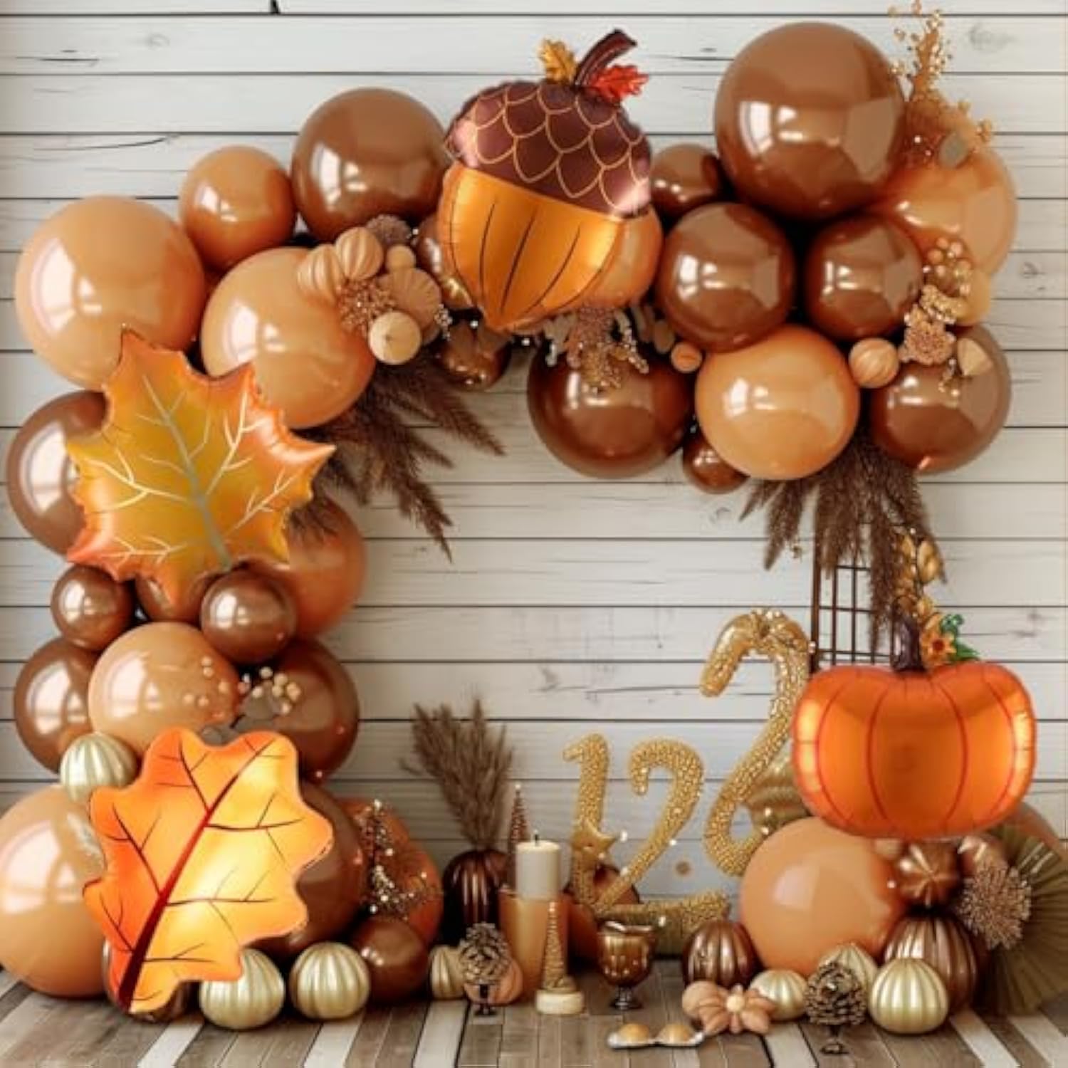155PCS Fall Balloon Arch Kit with Orange Coffee Maple Leaf Balloons for Thanksgiving
