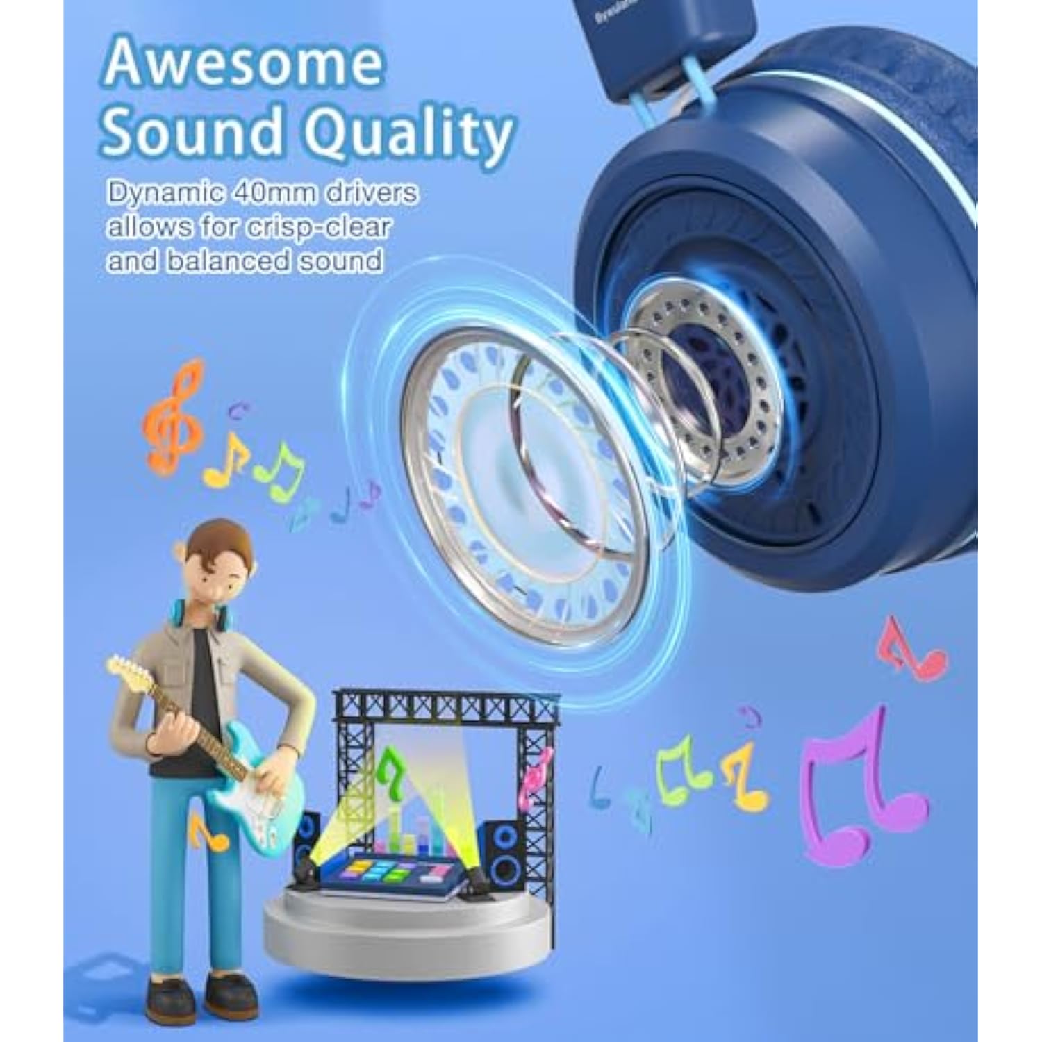 Kids Headphones With Led Lights For School, Upgrade Usb Type C Kid Headphone With Microphone, Volume Limiter 85/94Db, Wired On Ear Headphones For Boys/Girls/Tablet/Travel -Blue
