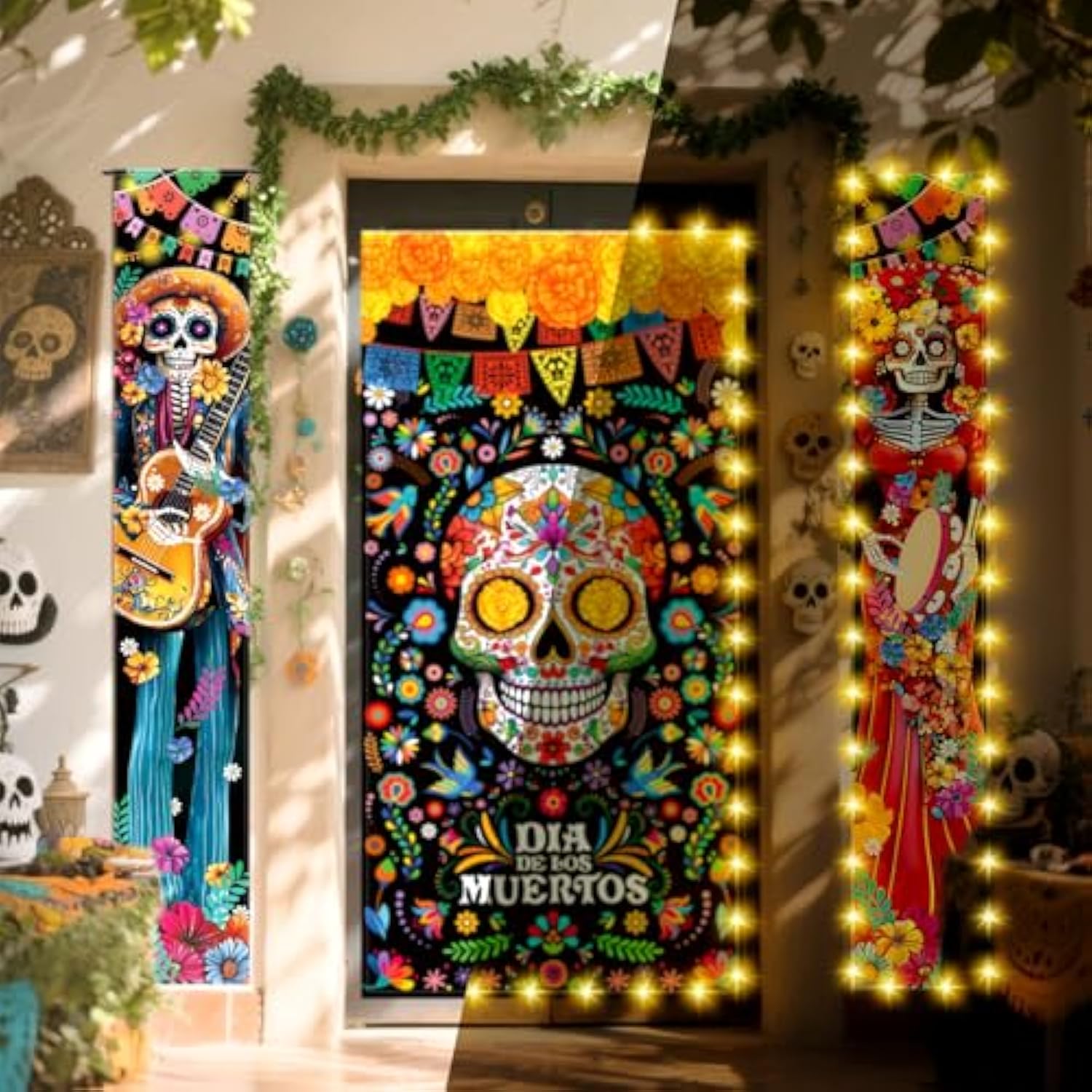 3 Pcs Day Of The Dead Decorations Dia De Los Muertos Door Cover With Led Lights Mexican Dia De Los Muertos Altar Party Porch Sign Halloween Sugar Skull Door Banner Backdrop For Fiesta Party