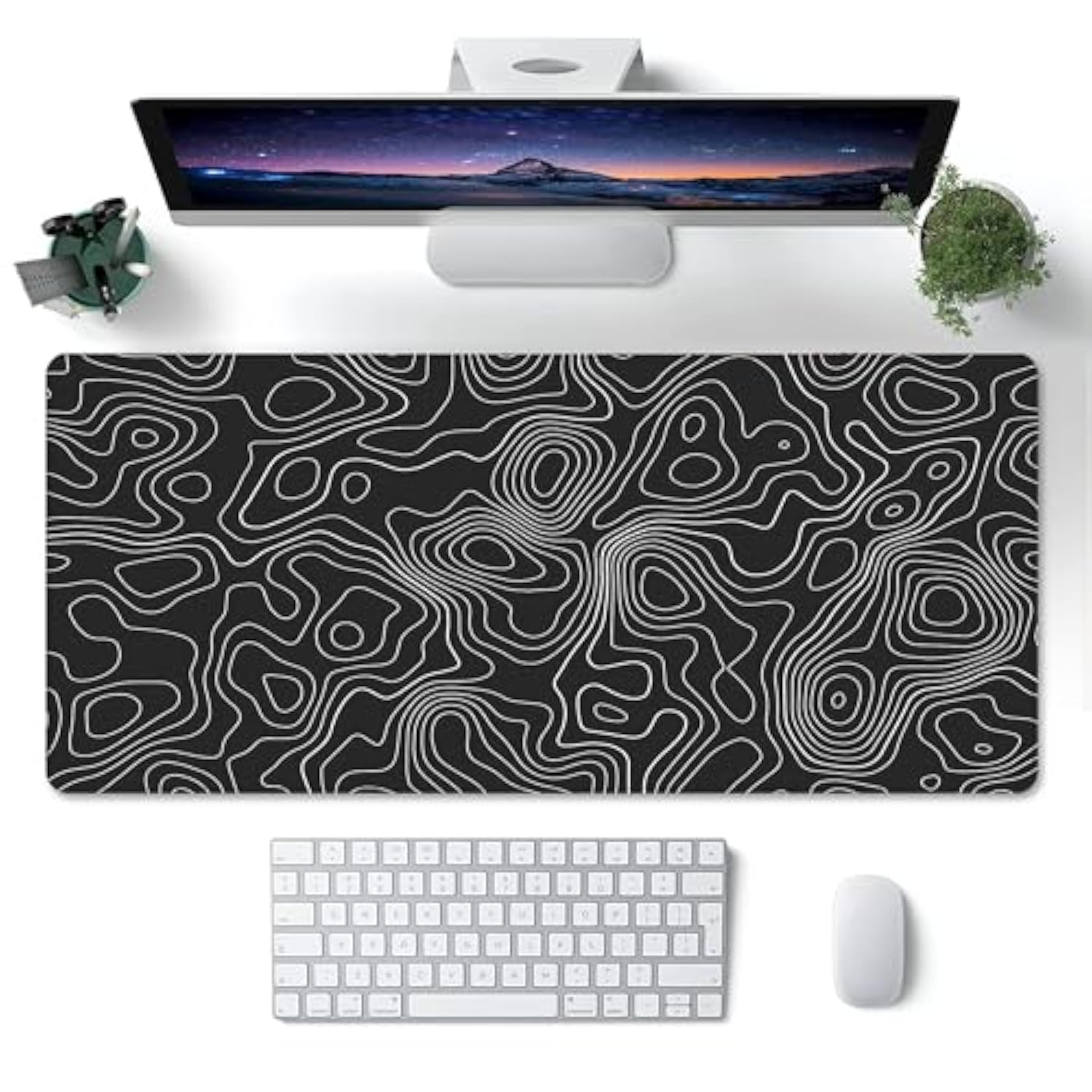 Black Topographic Map Mouse Pad, Cool Minimalist Desk Mat, Xxl Anime Gaming Keyboard Mat, Non-Slip Rubber Base, Big Extended Desk Protector For Home Office, 35.4”X15.7” (Black Topographic Map)